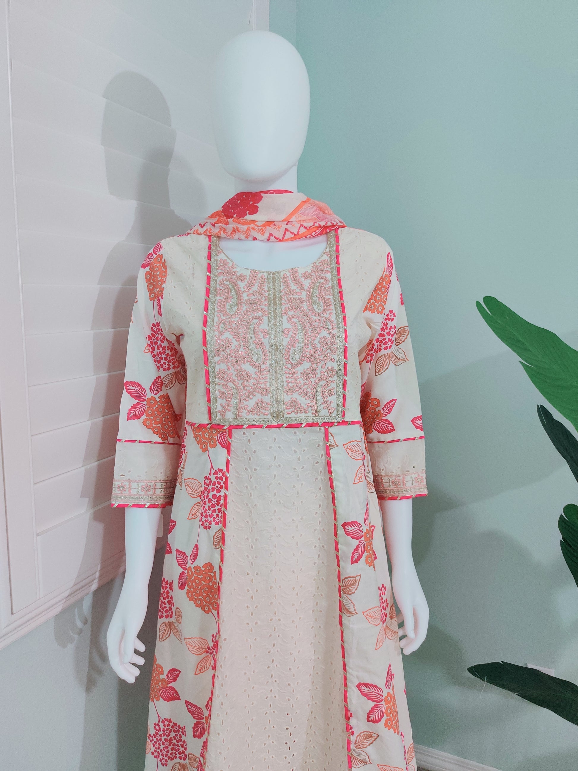 Off-White Chikankari A-Line Printed Kurta Set