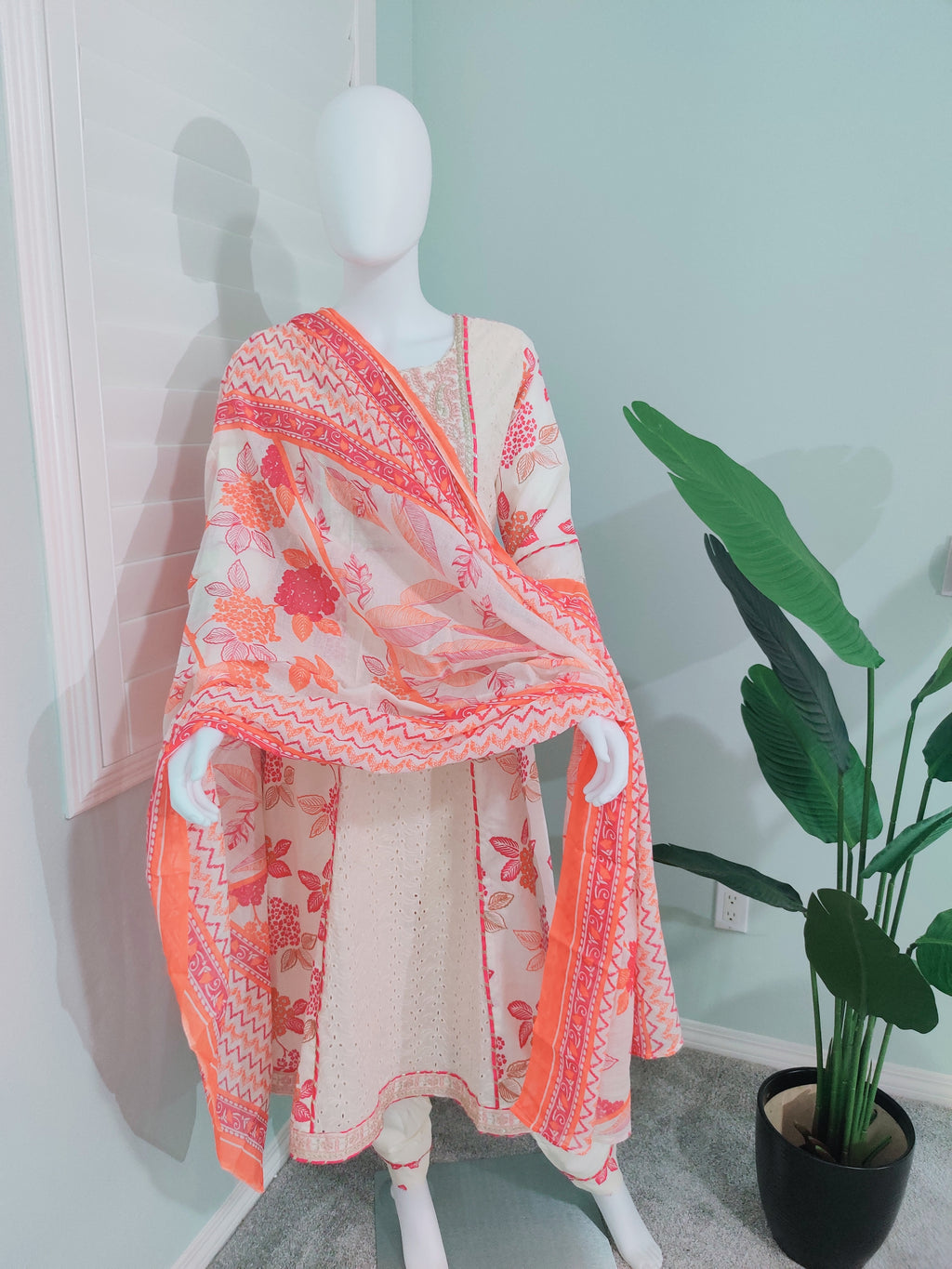 Off-White Chikankari A-Line Printed Kurta Set