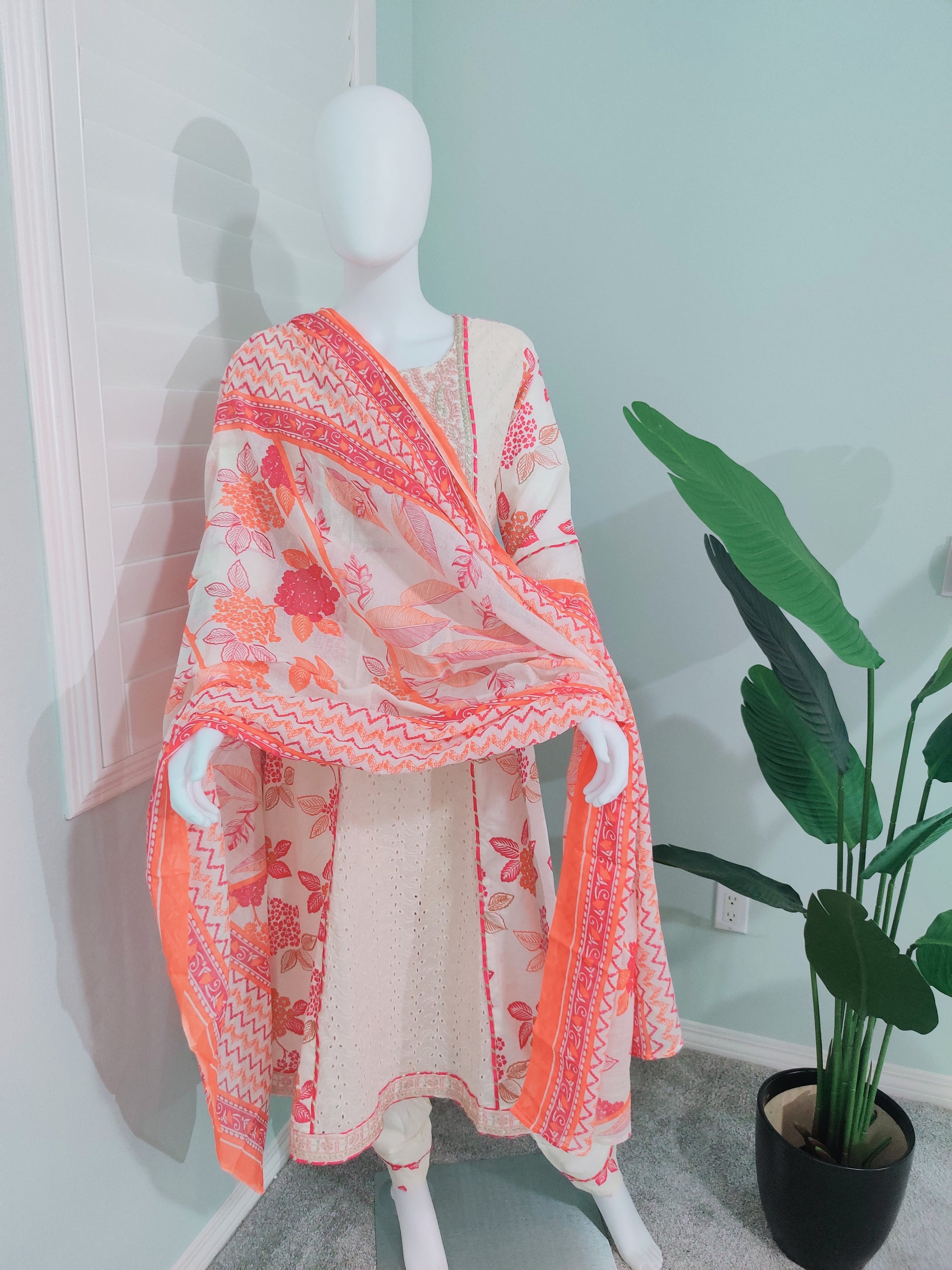 Off-White Chikankari A-Line Printed Kurta Set