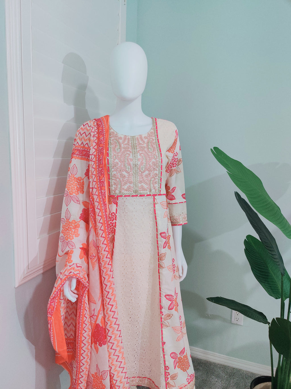 Off-White Chikankari A-Line Printed Kurta Set