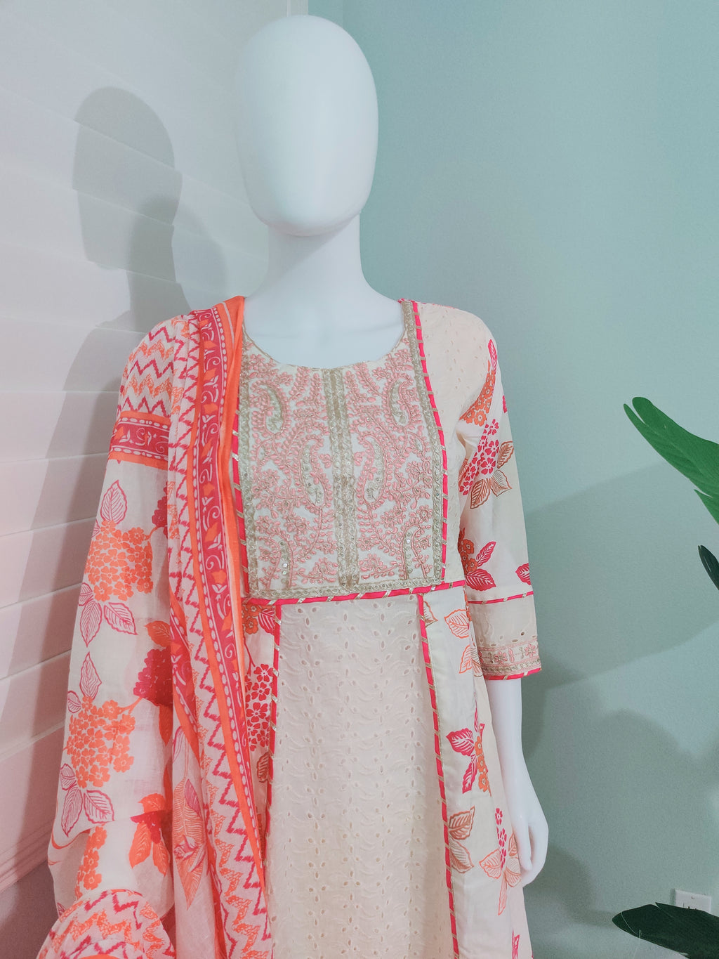 Off-White Chikankari A-Line Printed Kurta Set