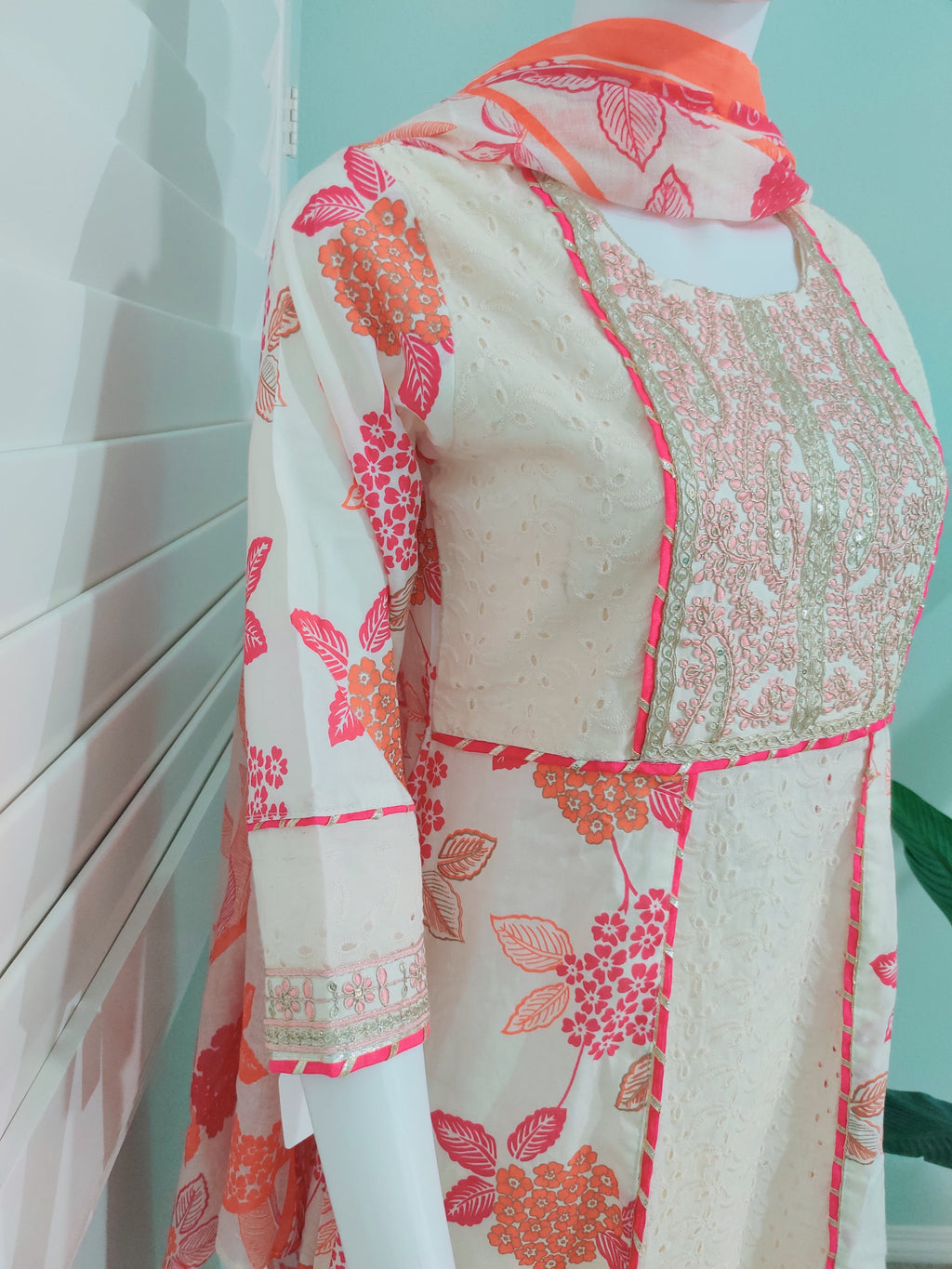 Off-White Chikankari A-Line Printed Kurta Set