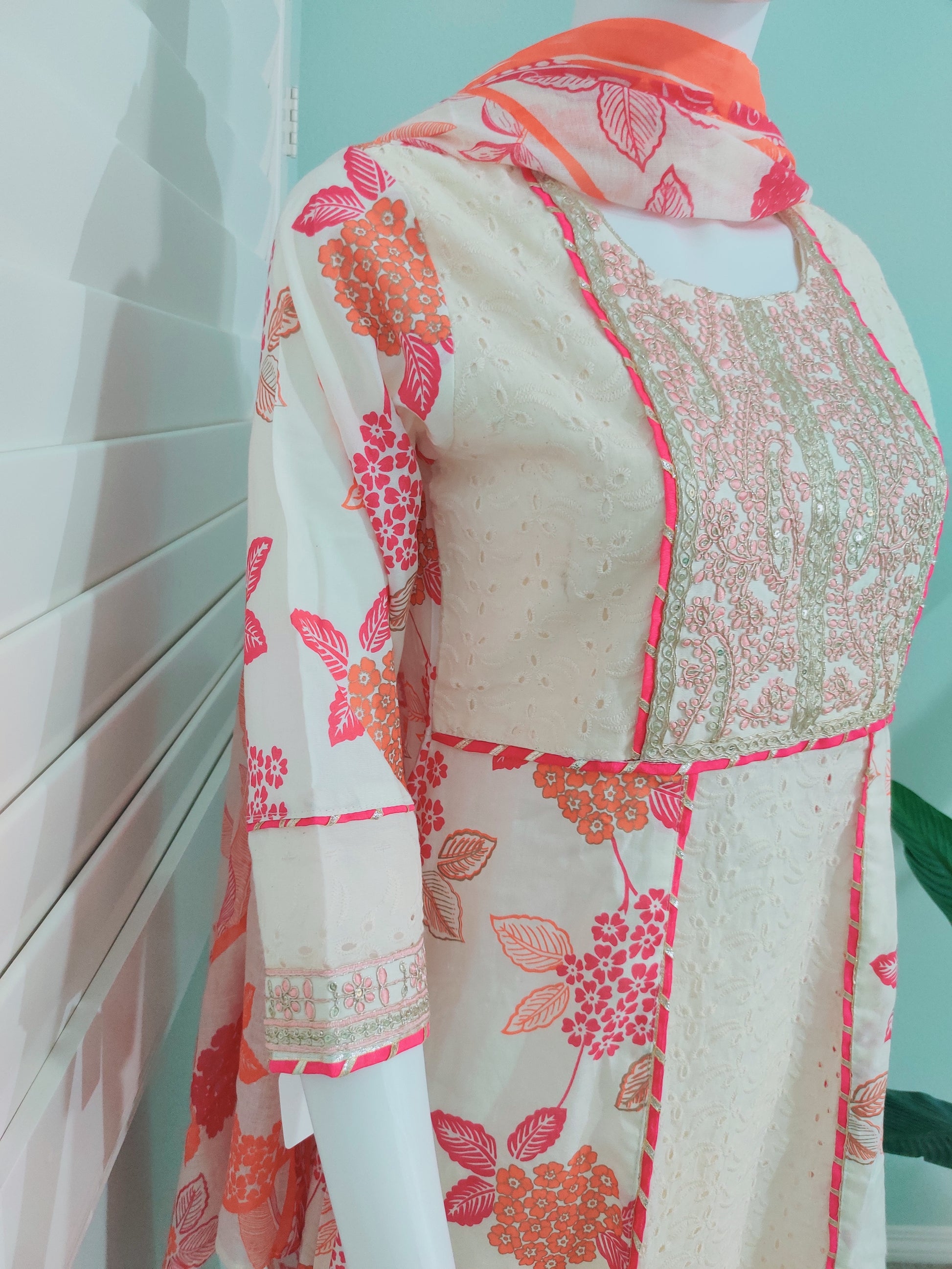 Off-White Chikankari A-Line Printed Kurta Set