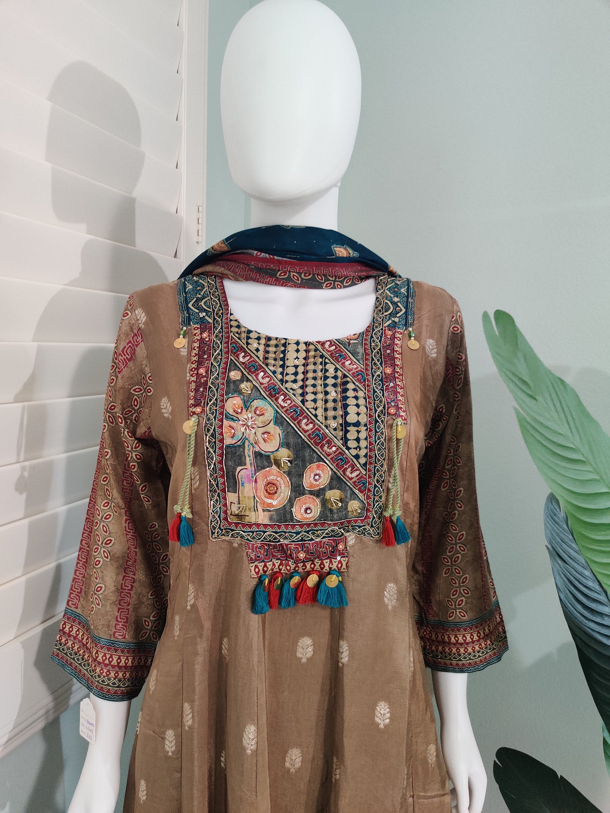 Brown-Gold Embroidered A-Line Kurta Set