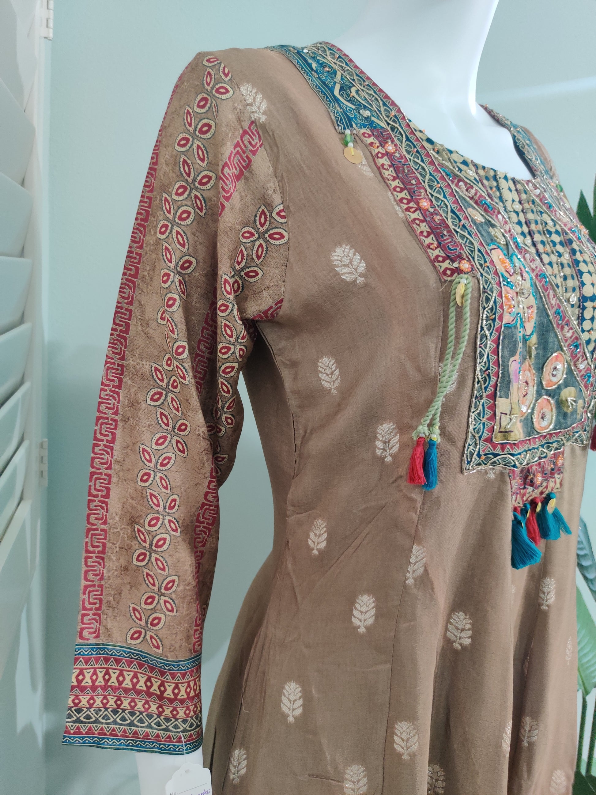 Brown-Gold Embroidered A-Line Kurta Set