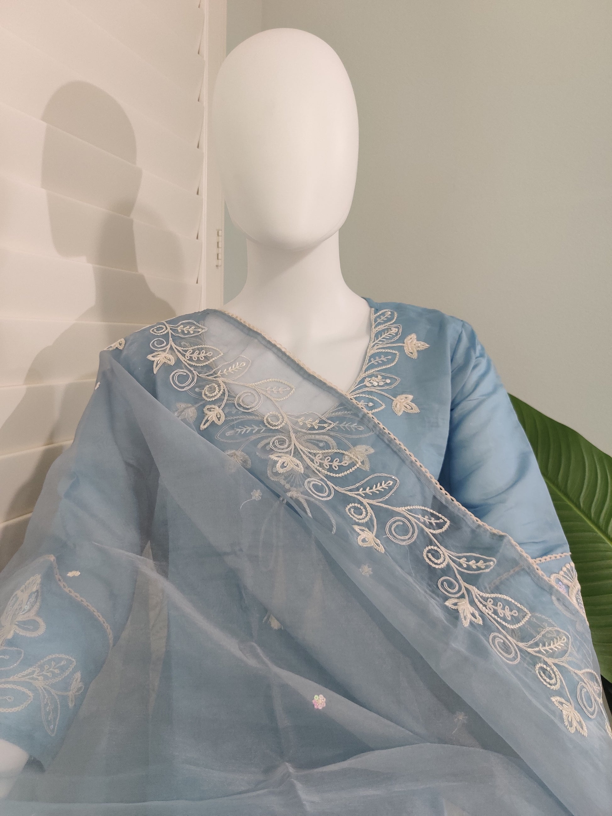 Celestial Blue Muslin Silk Straight Pant Kurta Set