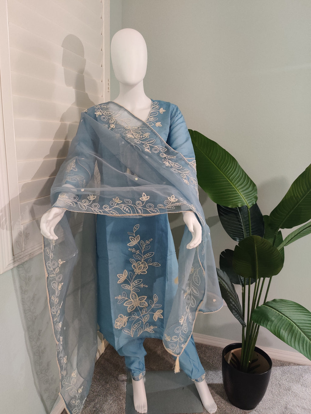 Celestial Blue Muslin Silk Straight Pant Kurta Set