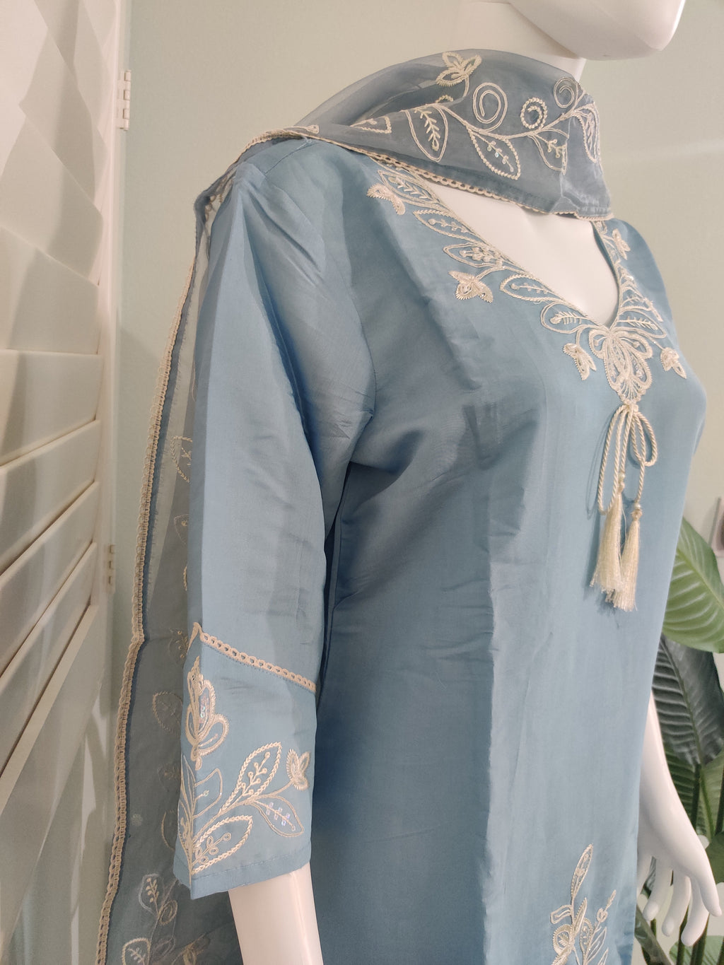 Celestial Blue Muslin Silk Straight Pant Kurta Set