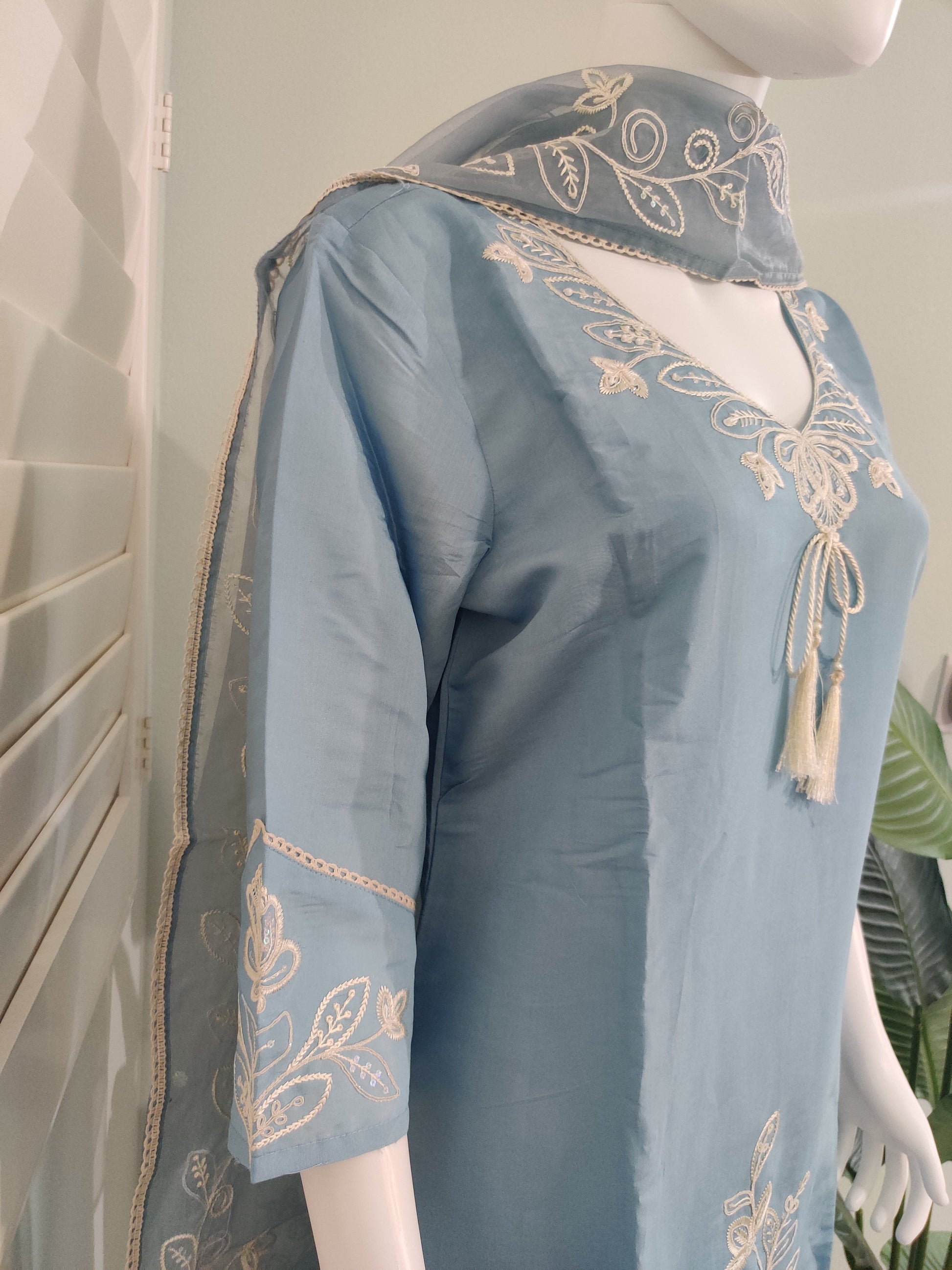 Celestial Blue Muslin Silk Straight Pant Kurta Set