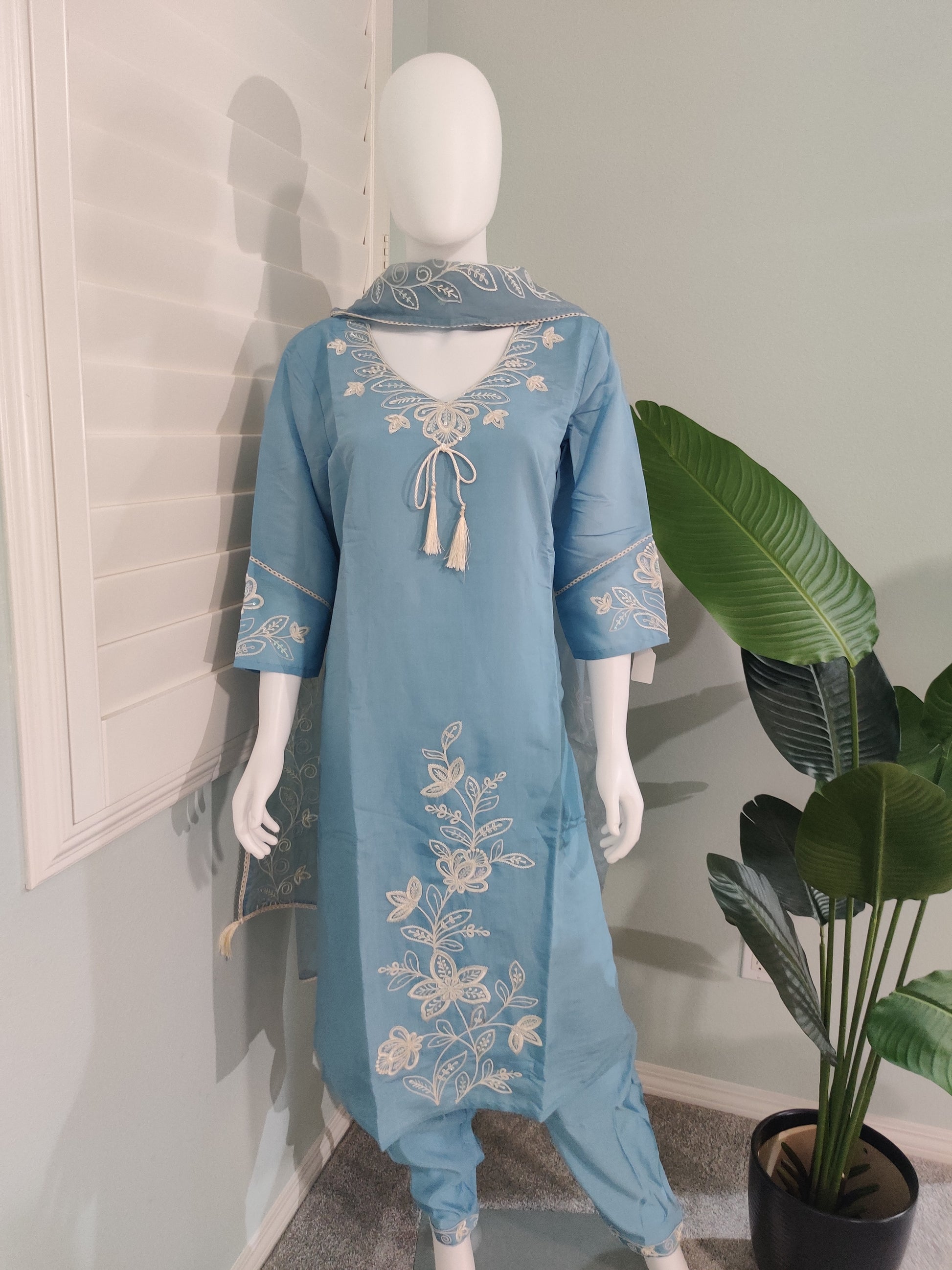 Celestial Blue Muslin Silk Straight Pant Kurta Set