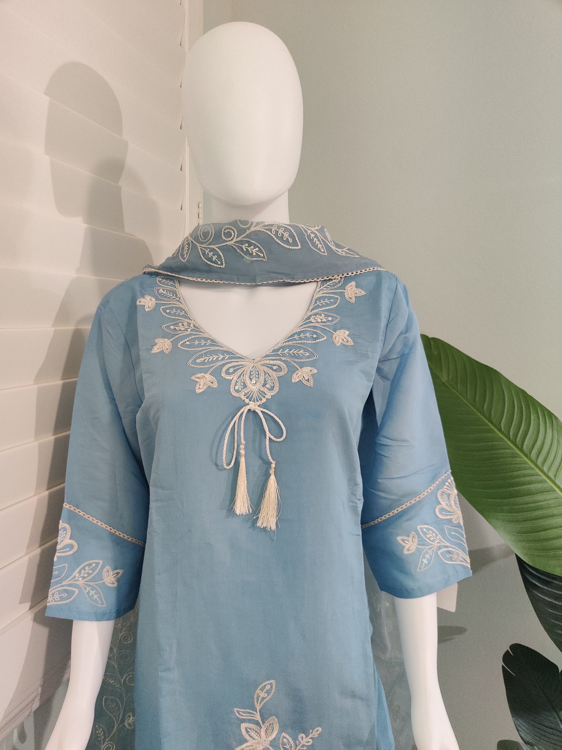 Celestial Blue Muslin Silk Straight Pant Kurta Set