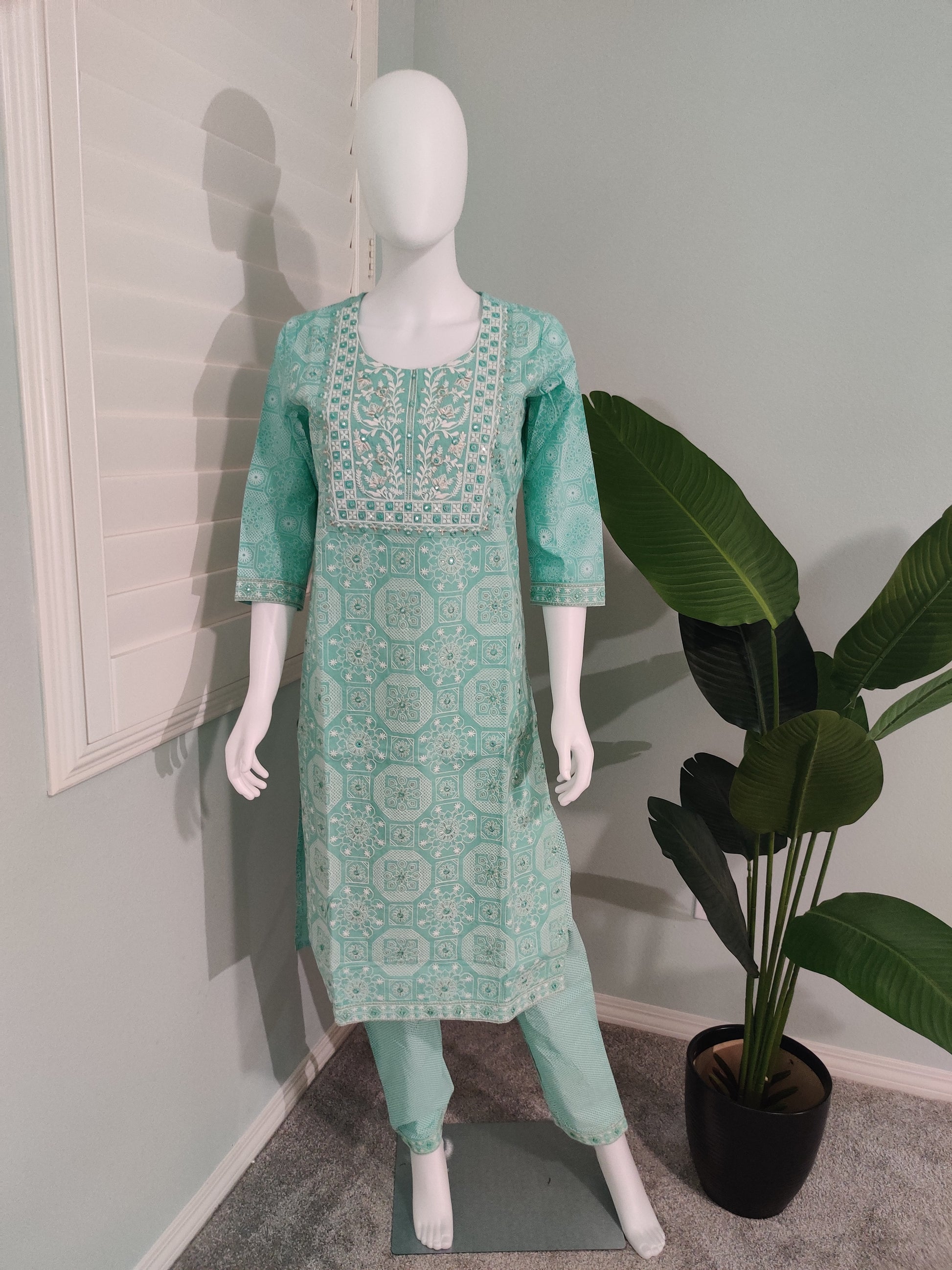 Sea Green Fully Embroidered mirror work cotton kurta set