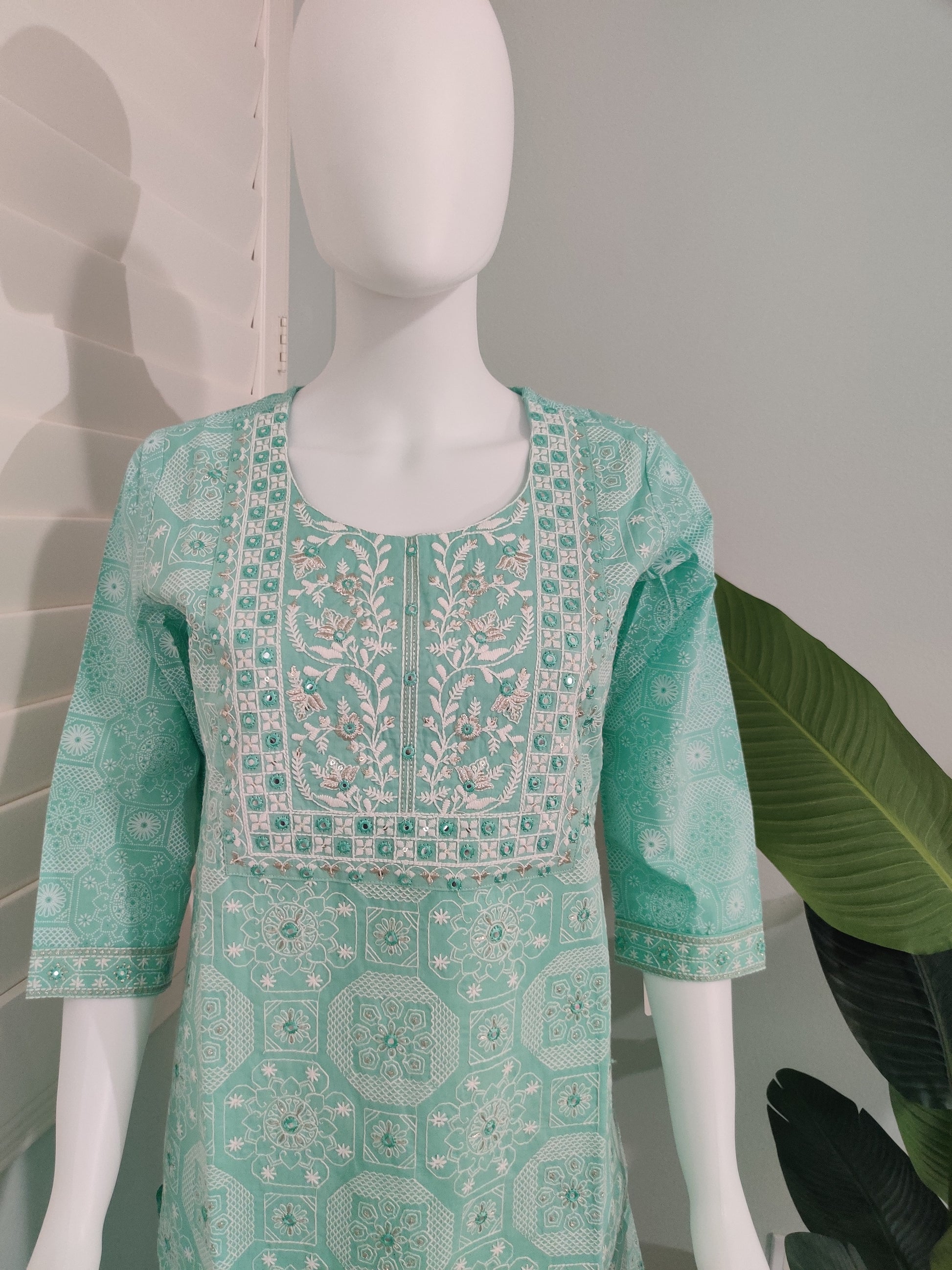 Sea Green Fully Embroidered mirror work cotton kurta set