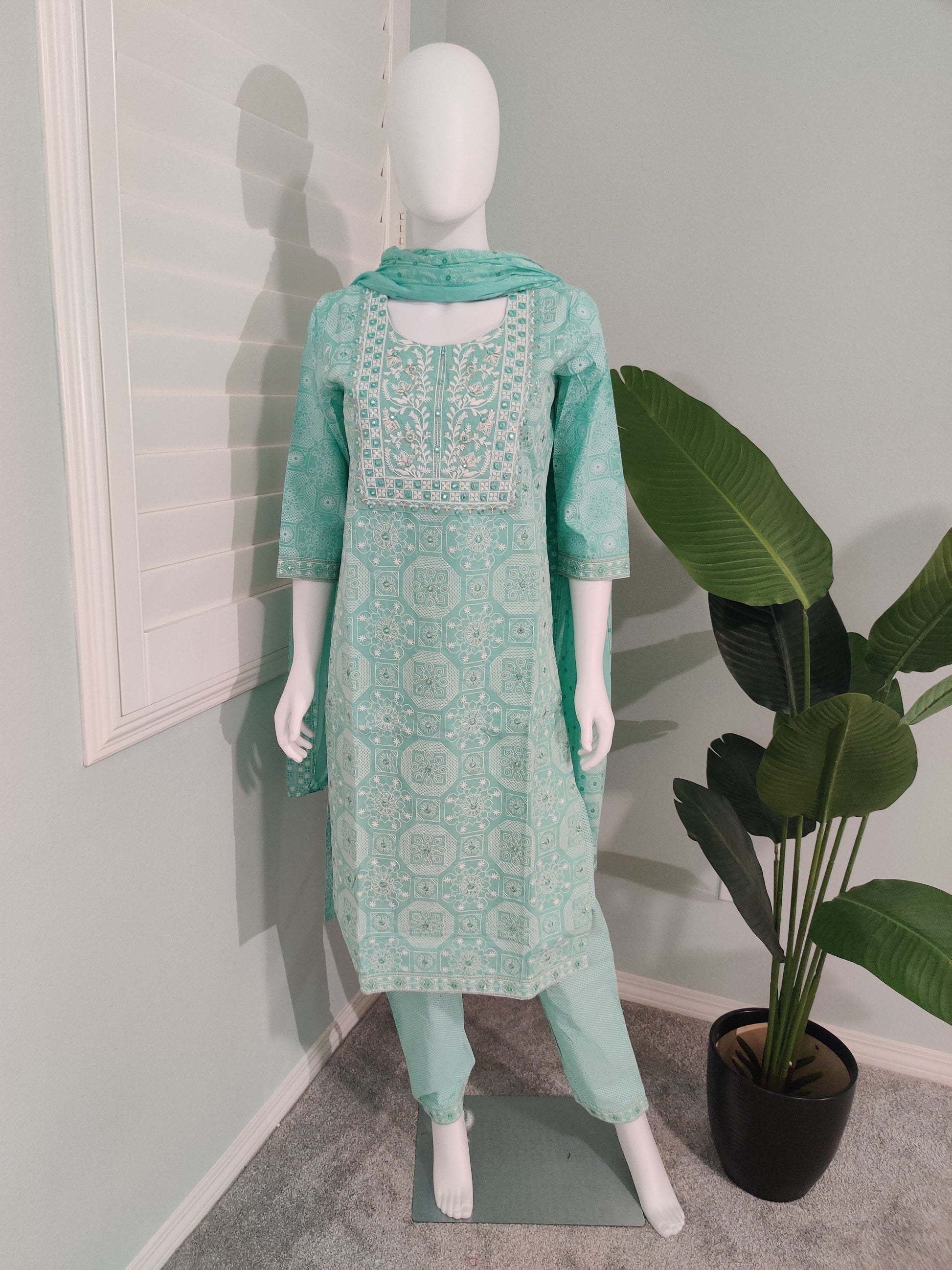 Sea Green Fully Embroidered mirror work cotton kurta set