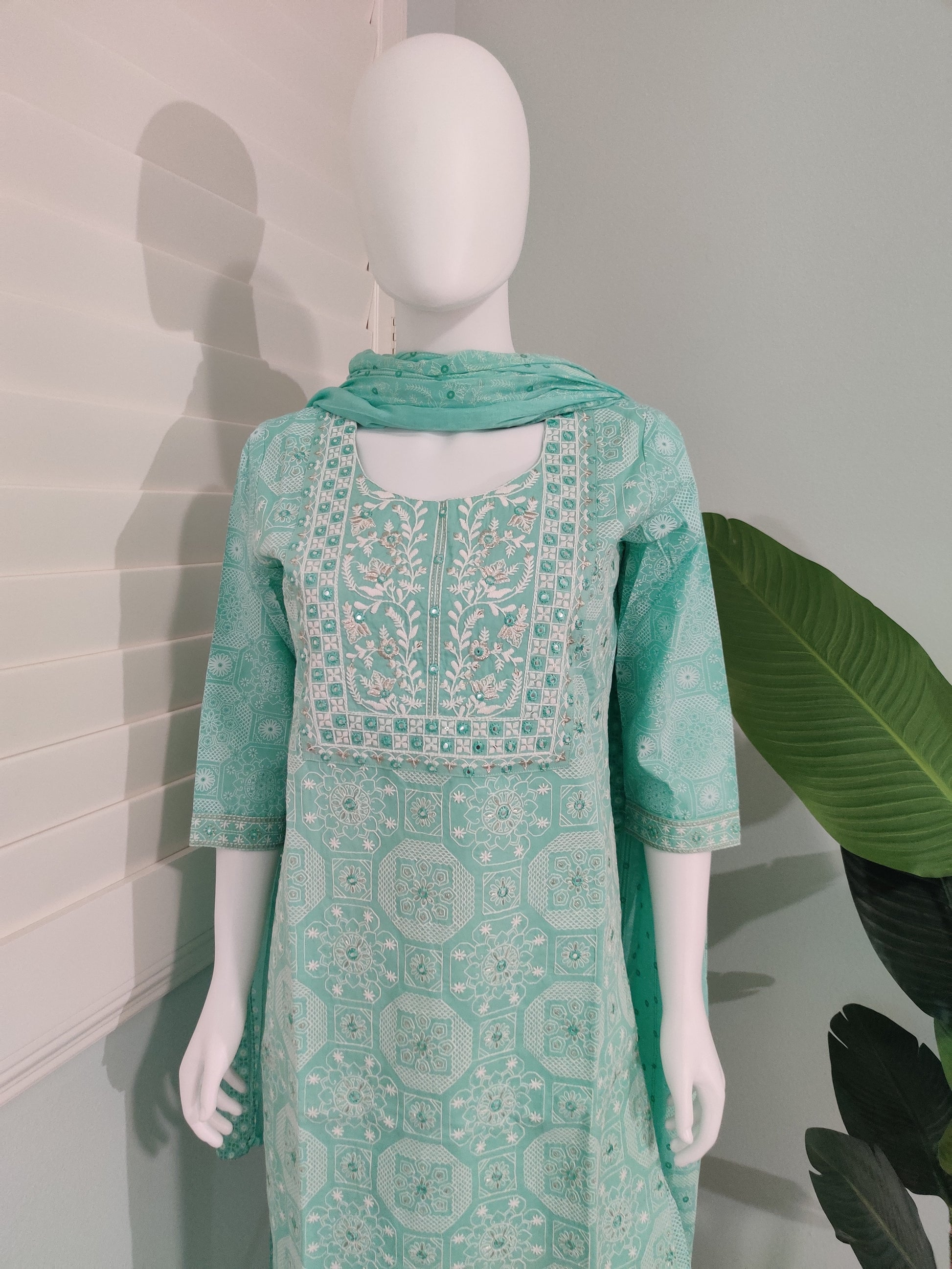 Sea Green Fully Embroidered mirror work cotton kurta set