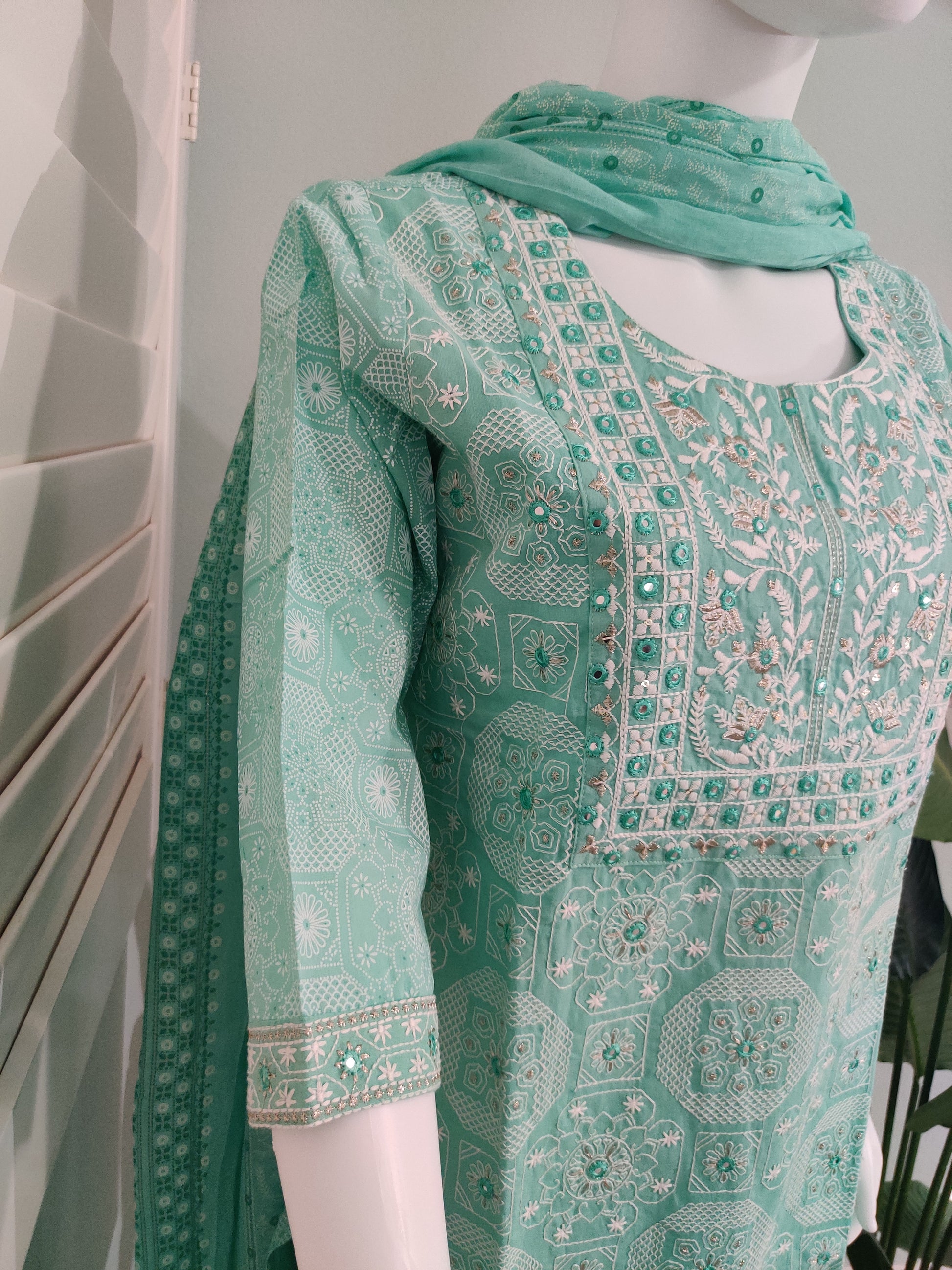 Sea Green Fully Embroidered mirror work cotton kurta set