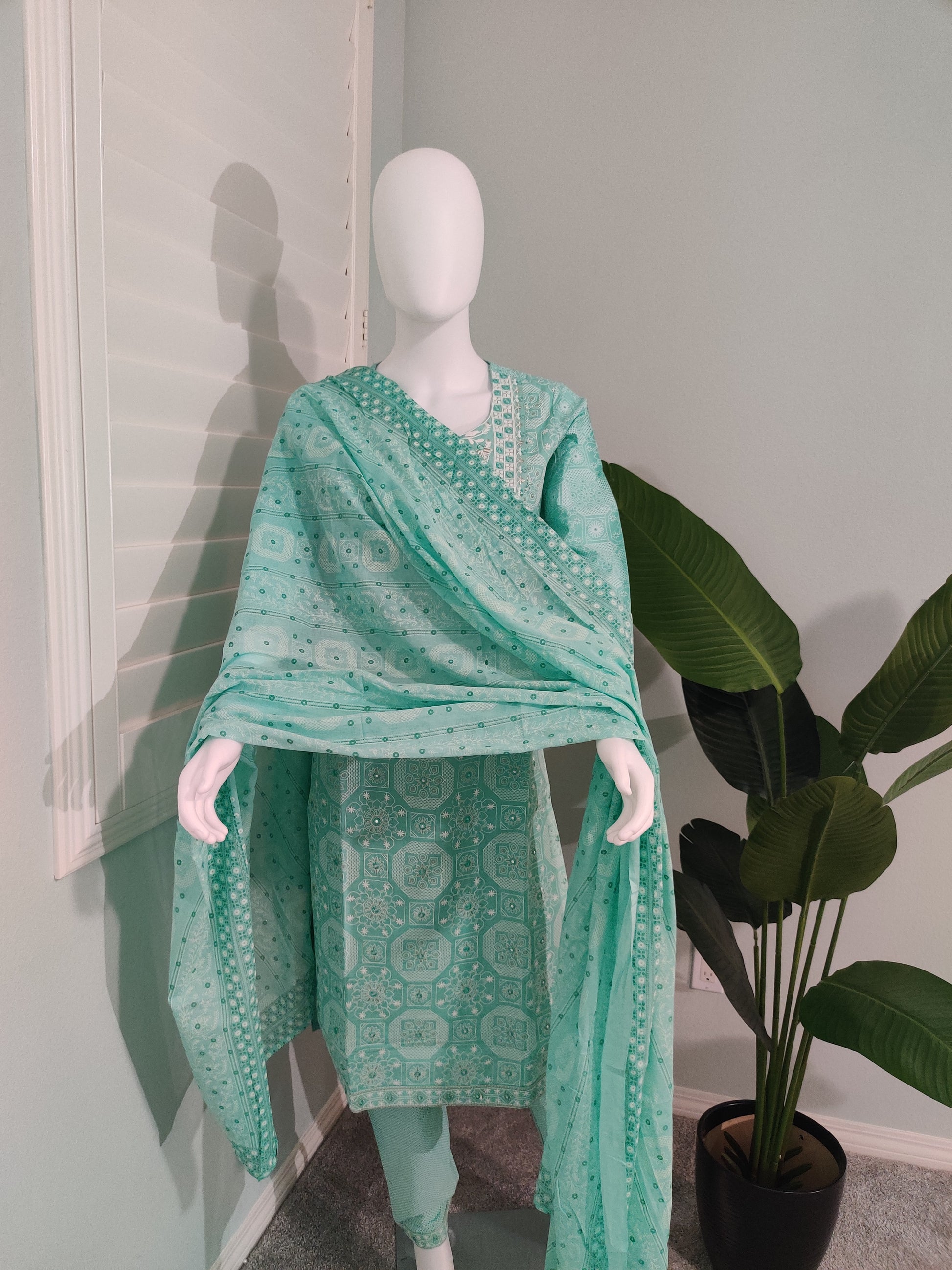 Sea Green Fully Embroidered mirror work cotton kurta set