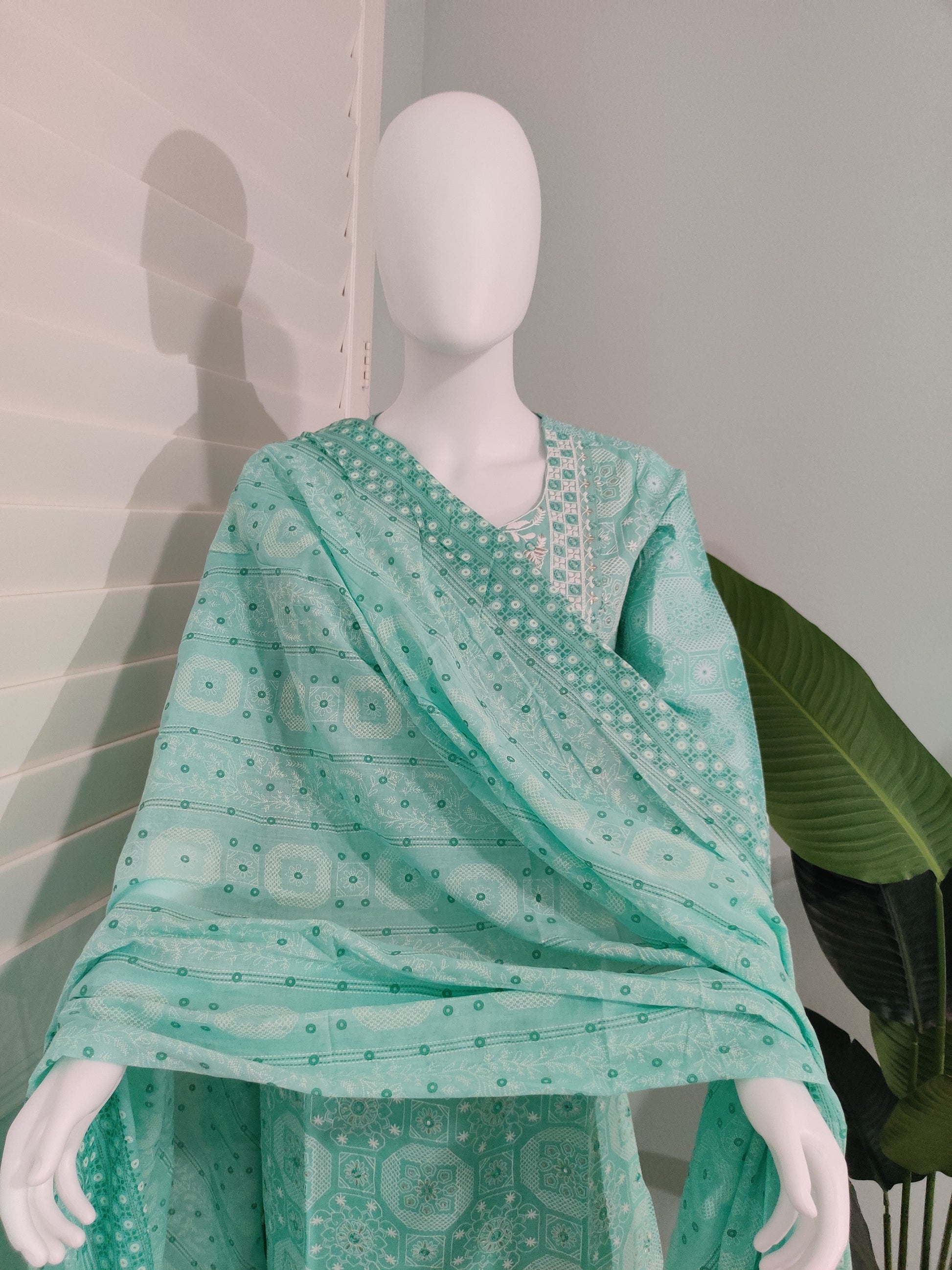 Sea Green Fully Embroidered mirror work cotton kurta set