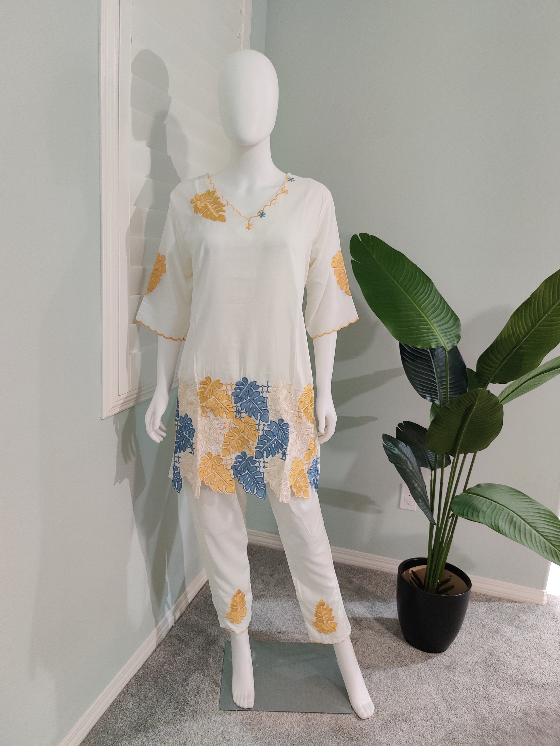 White Breeze Leaf-Embroidered Co-ord Set