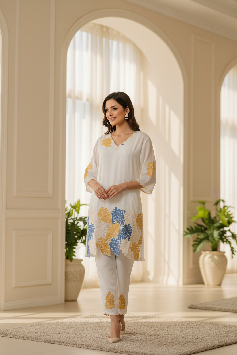 White Breeze Leaf-Embroidered Co-ord Set