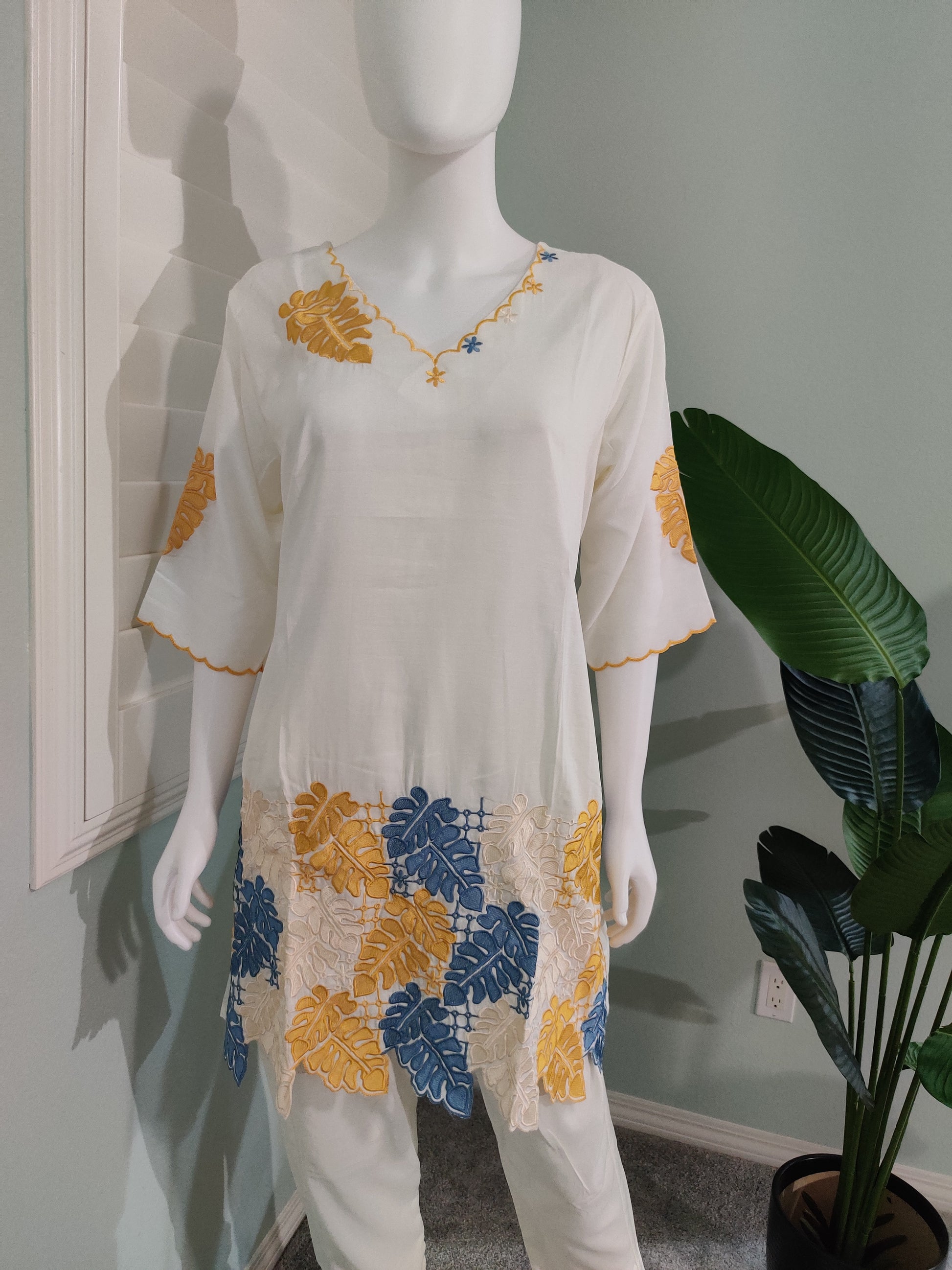 White Breeze Leaf-Embroidered Co-ord Set