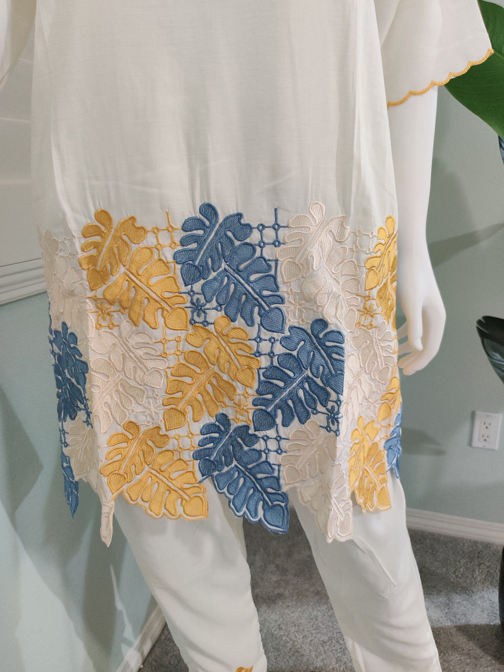 White Breeze Leaf-Embroidered Co-ord Set