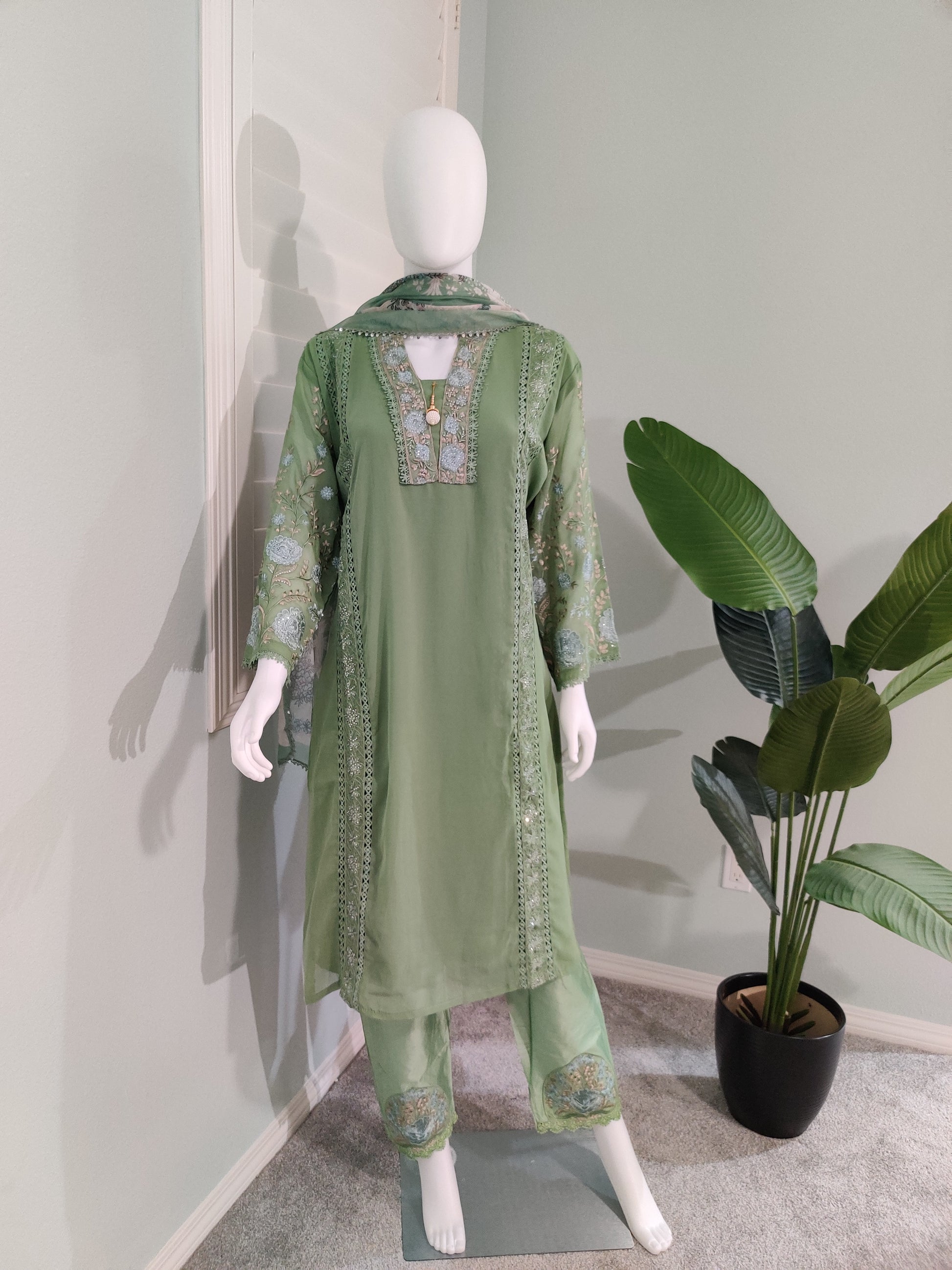 Mint Meadow Embroidered Pakistani Kurta Set