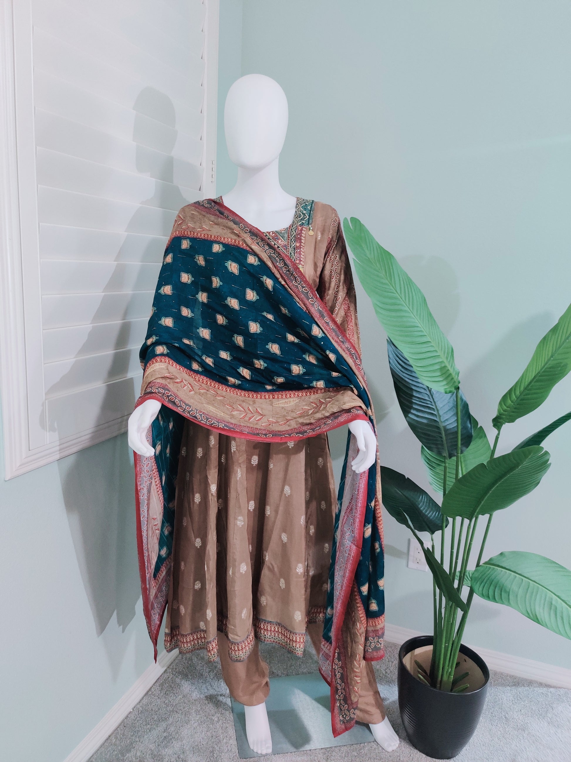 Brown-Gold Embroidered A-Line Kurta Set