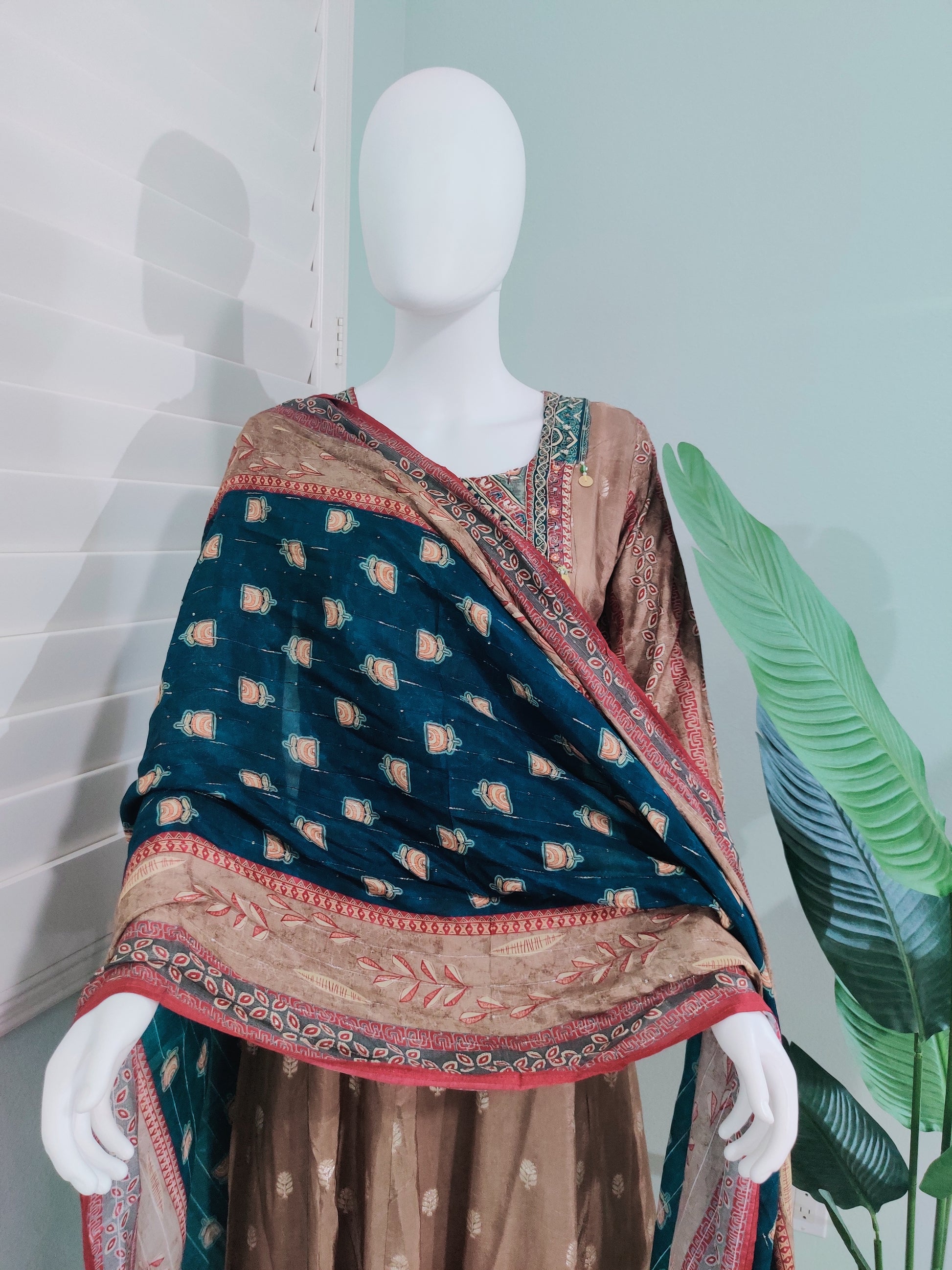 Brown-Gold Embroidered A-Line Kurta Set