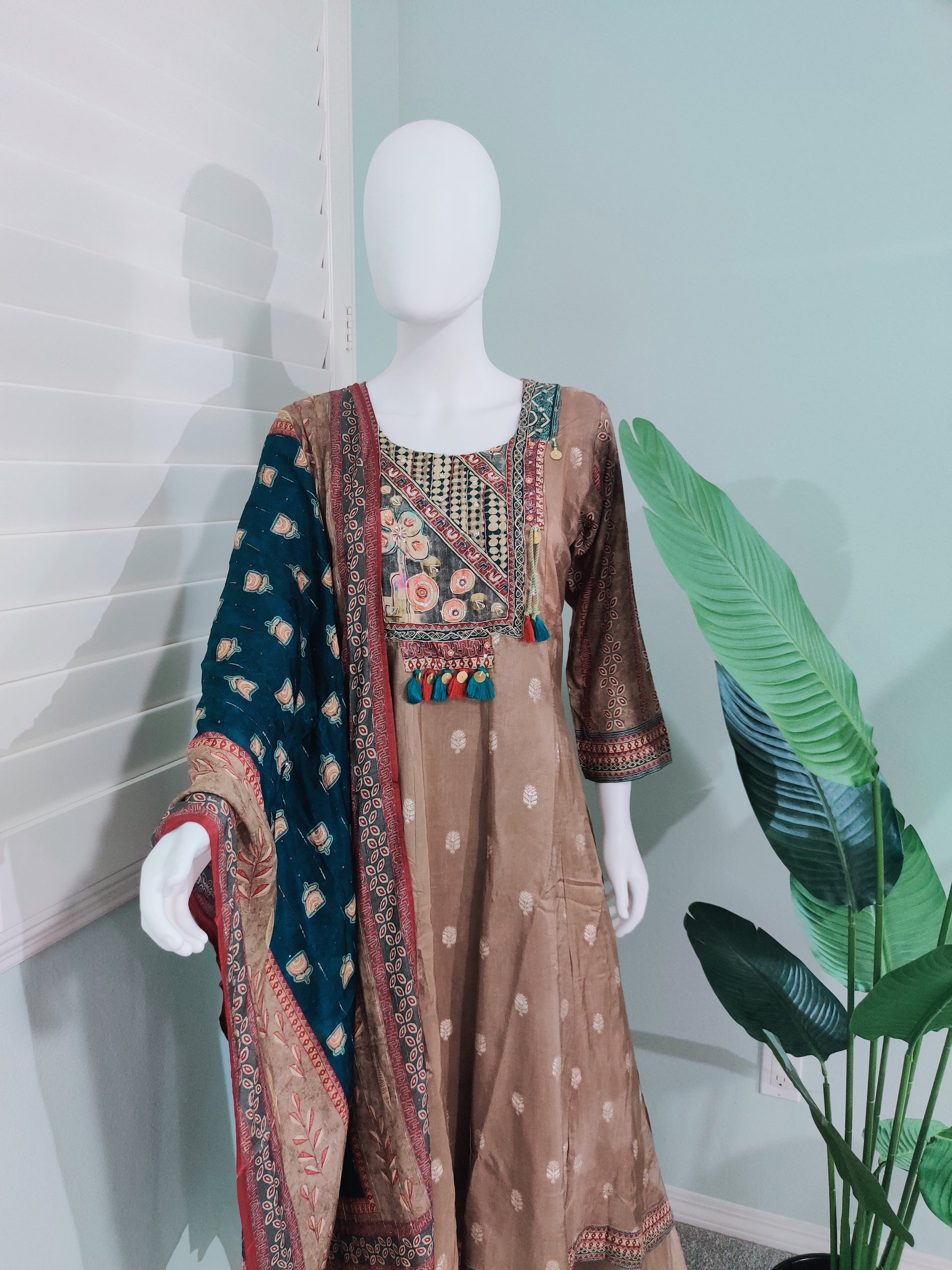 Brown-Gold Embroidered A-Line Kurta Set