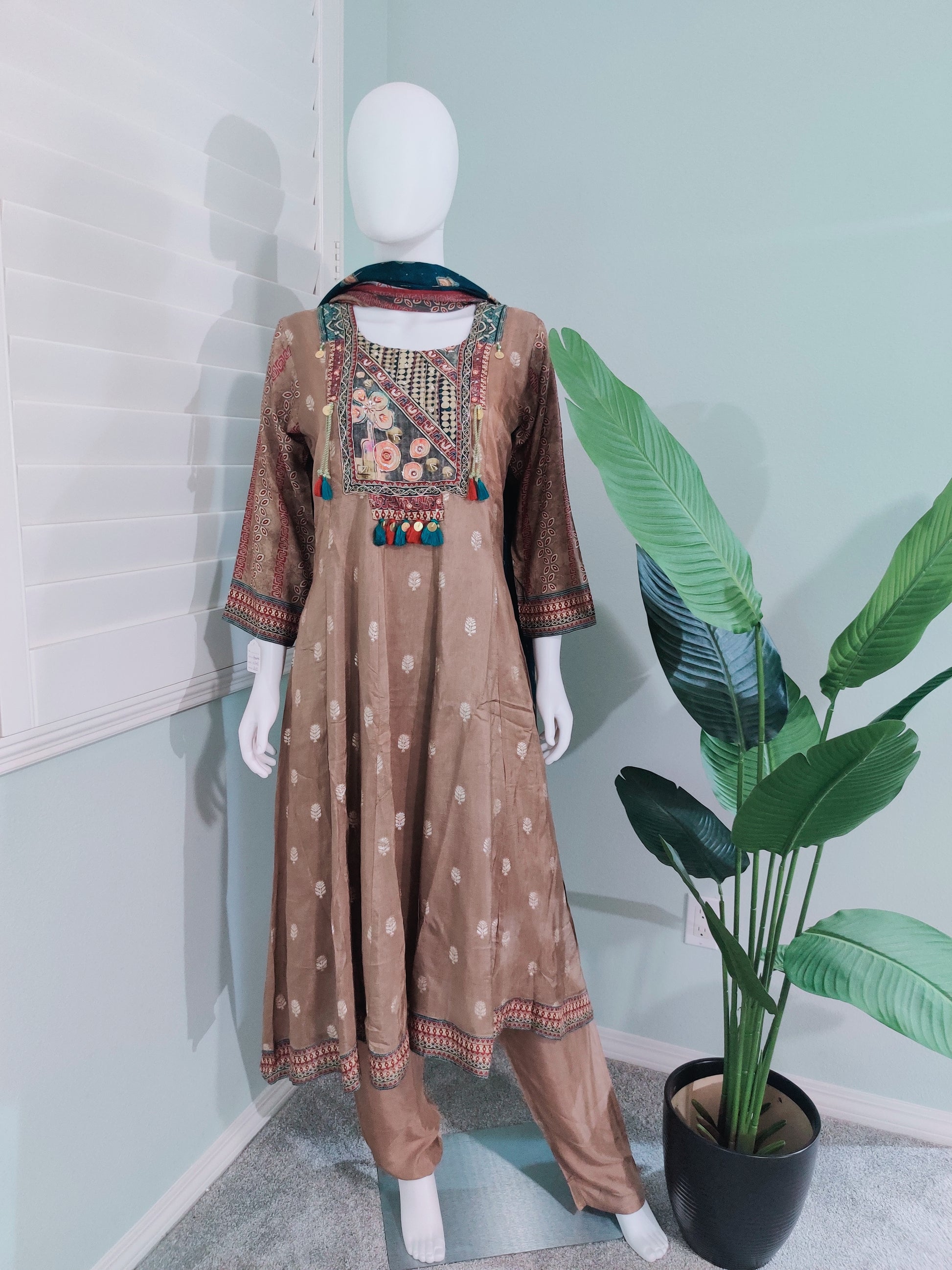 Brown-Gold Embroidered A-Line Kurta Set