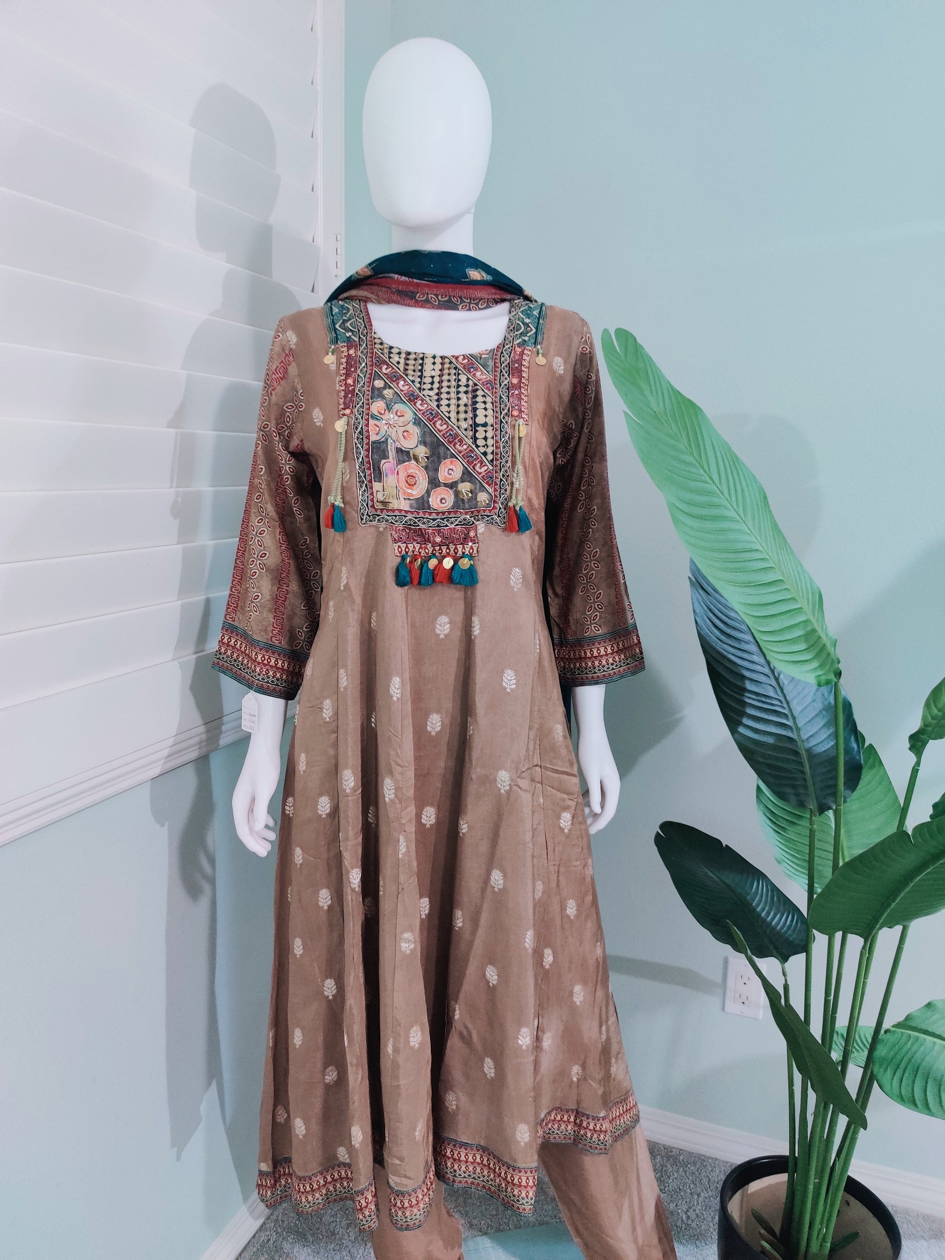 Brown-Gold Embroidered A-Line Kurta Set