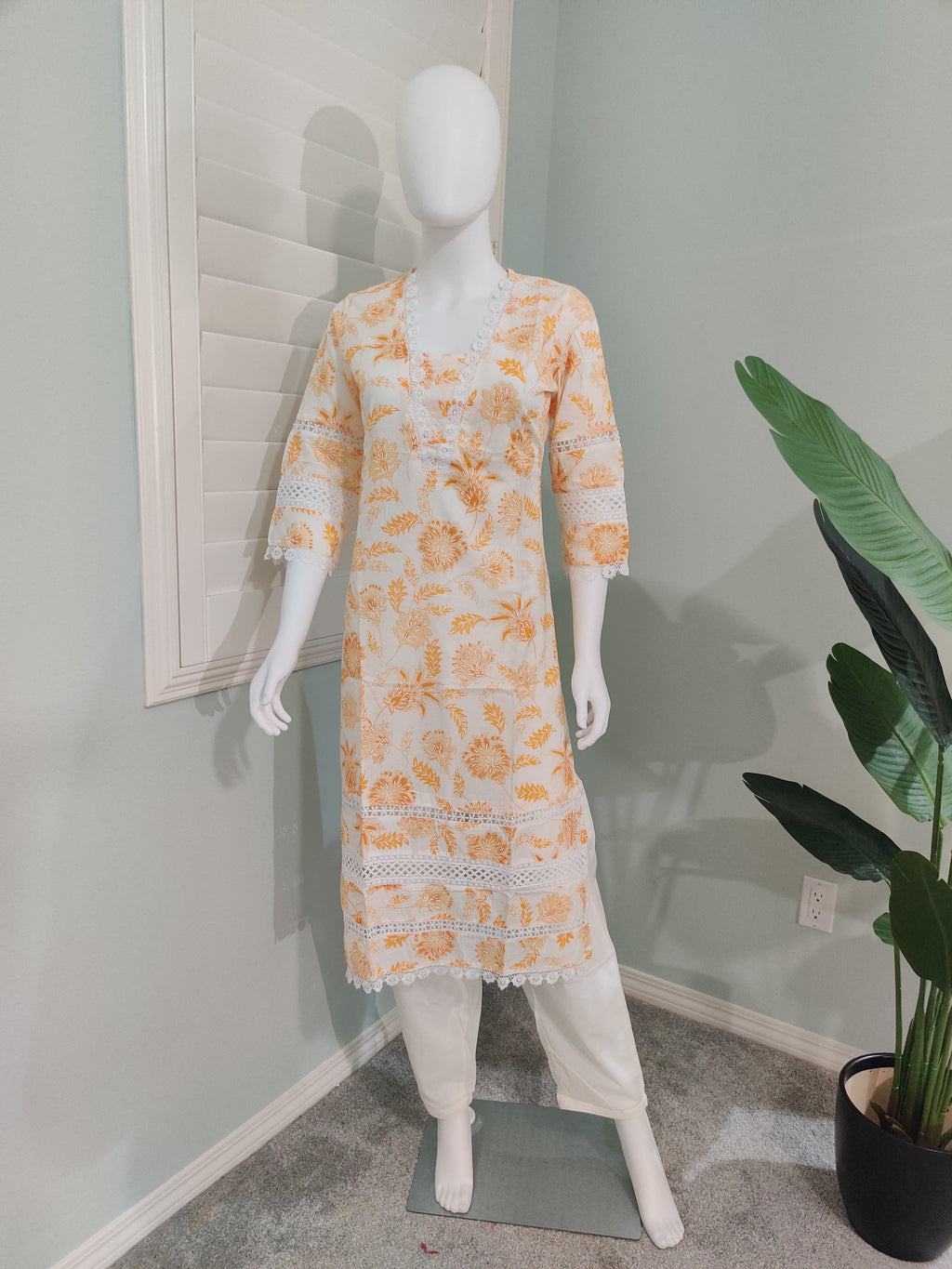 White Printed Cotton Kurta Set with Brush Print Dupatta