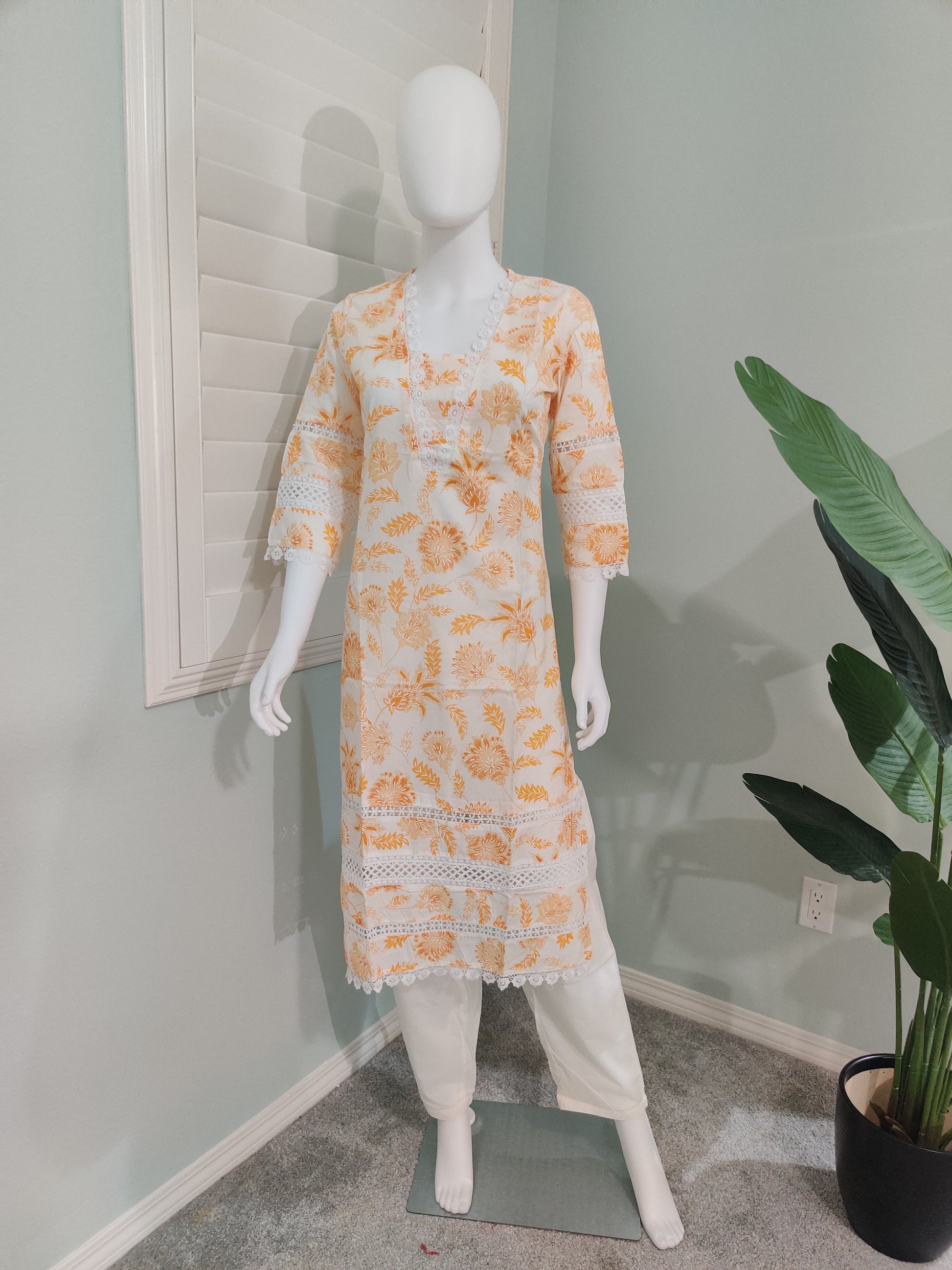 White Printed Cotton Kurta Set with Brush Print Dupatta