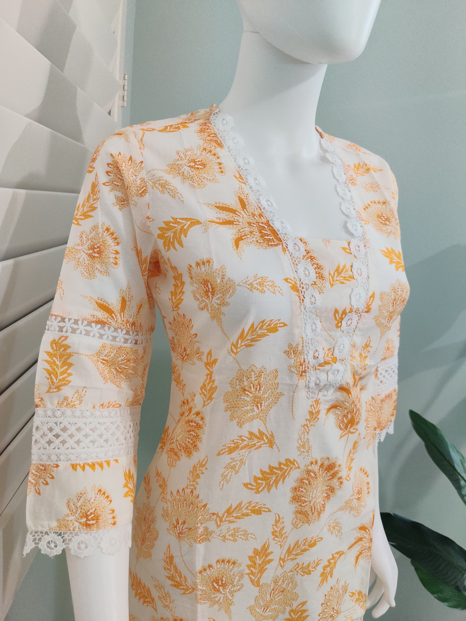 White Printed Cotton Kurta Set with Brush Print Dupatta