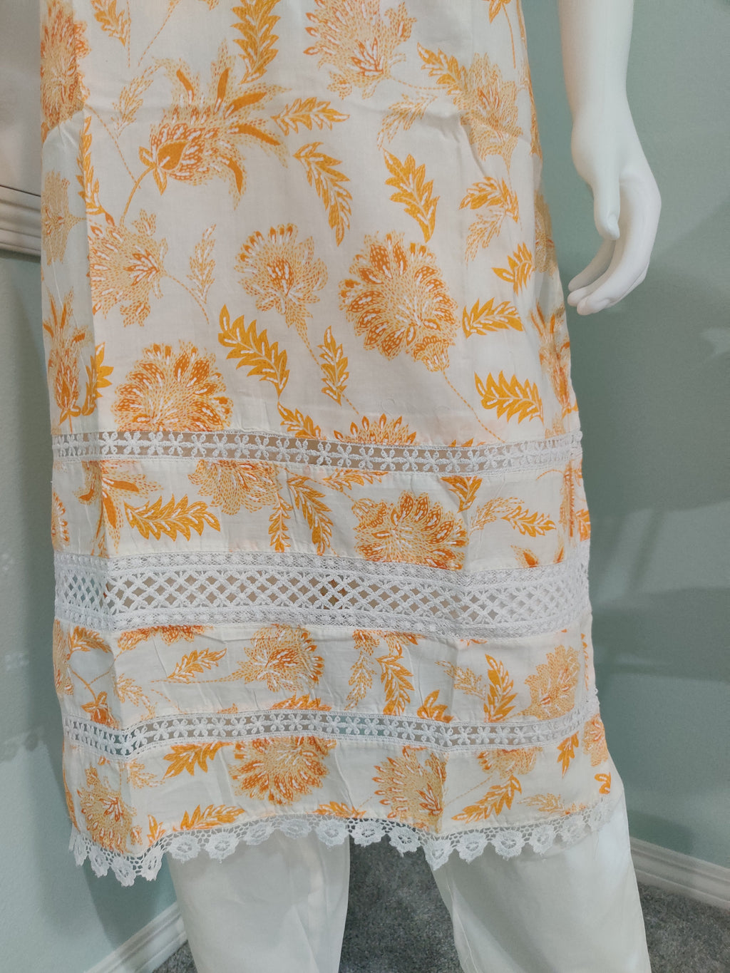 White Printed Cotton Kurta Set with Brush Print Dupatta