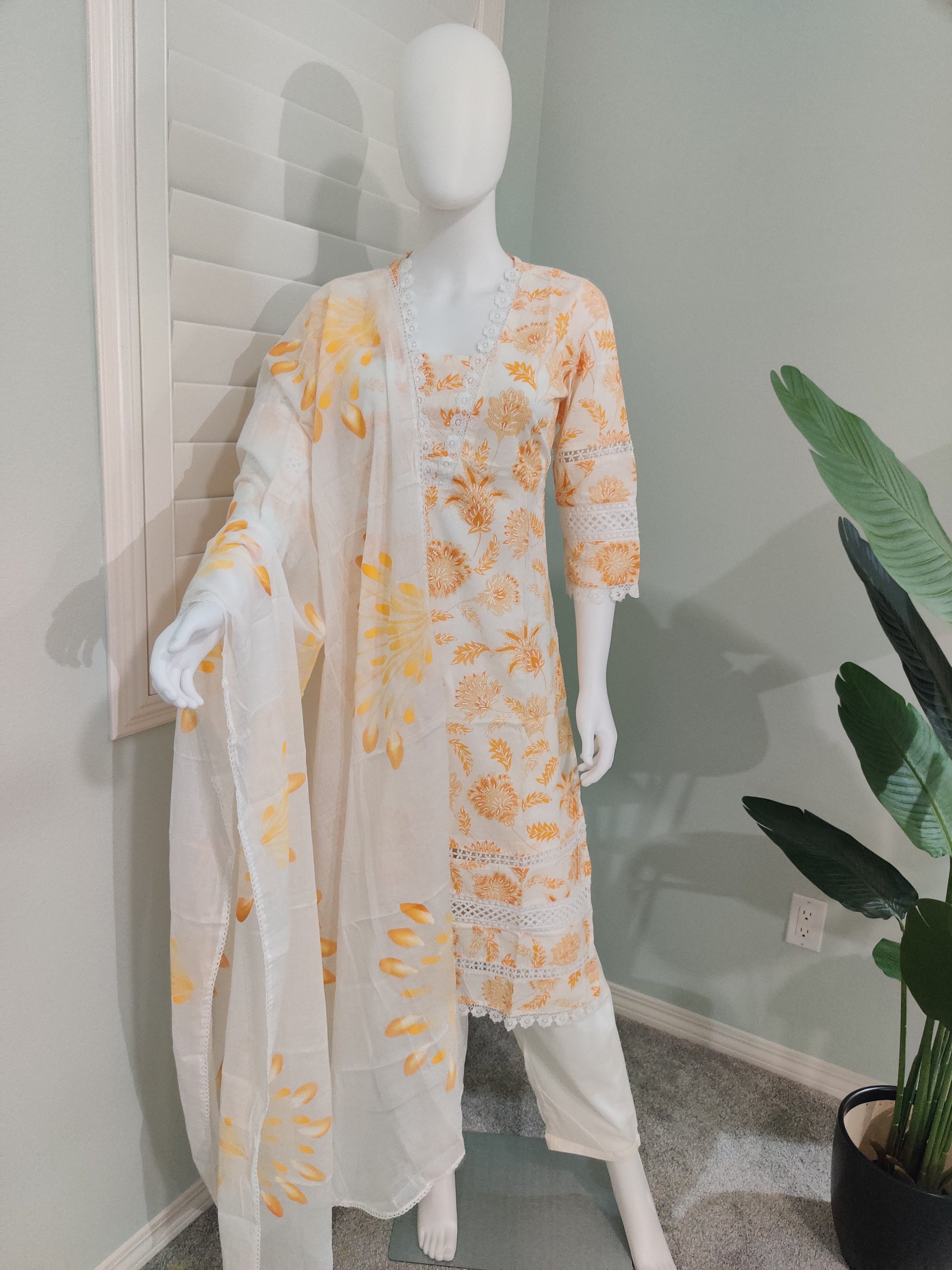 White Printed Cotton Kurta Set with Brush Print Dupatta