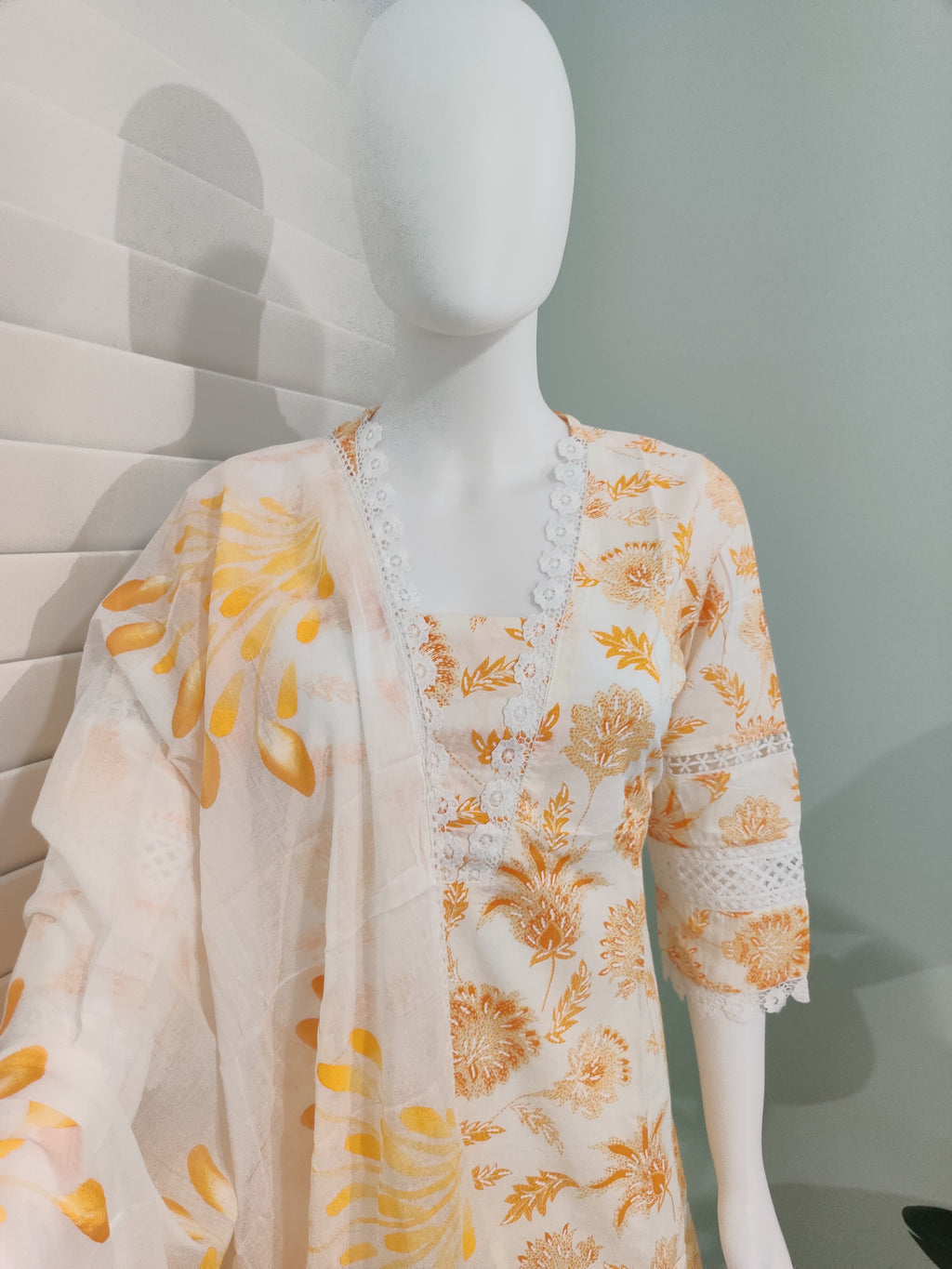 White Printed Cotton Kurta Set with Brush Print Dupatta