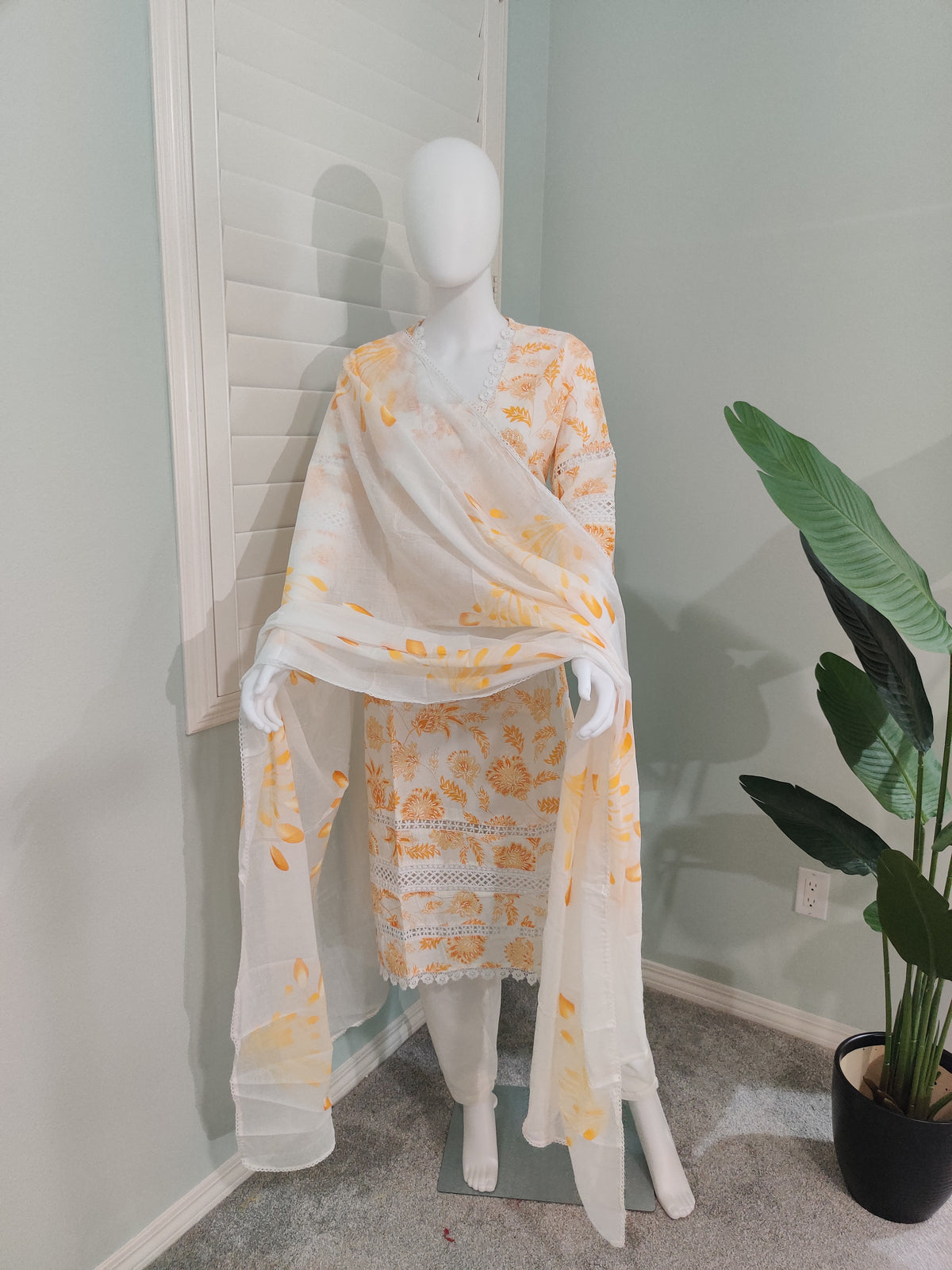 White Printed Cotton Kurta Set with Brush Print Dupatta