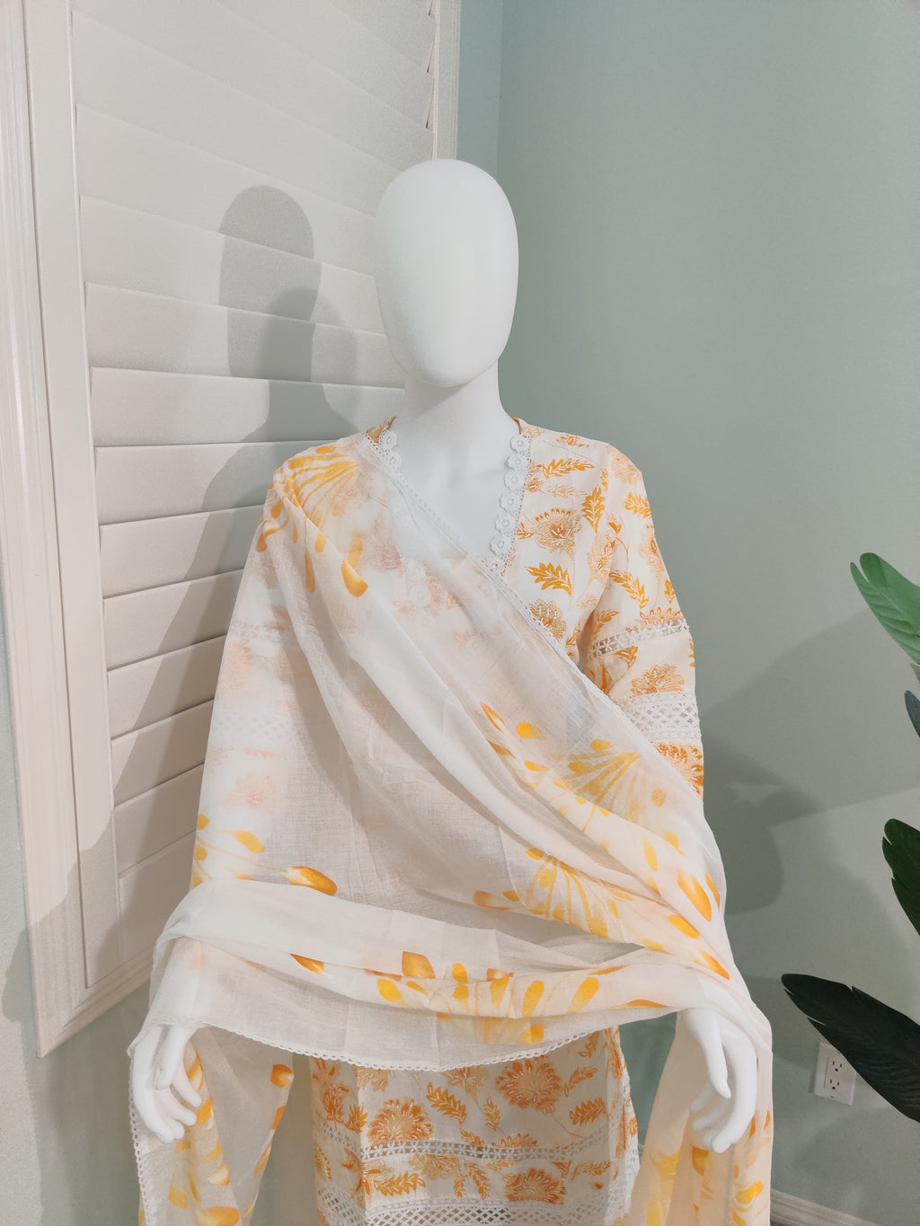 White Printed Cotton Kurta Set with Brush Print Dupatta