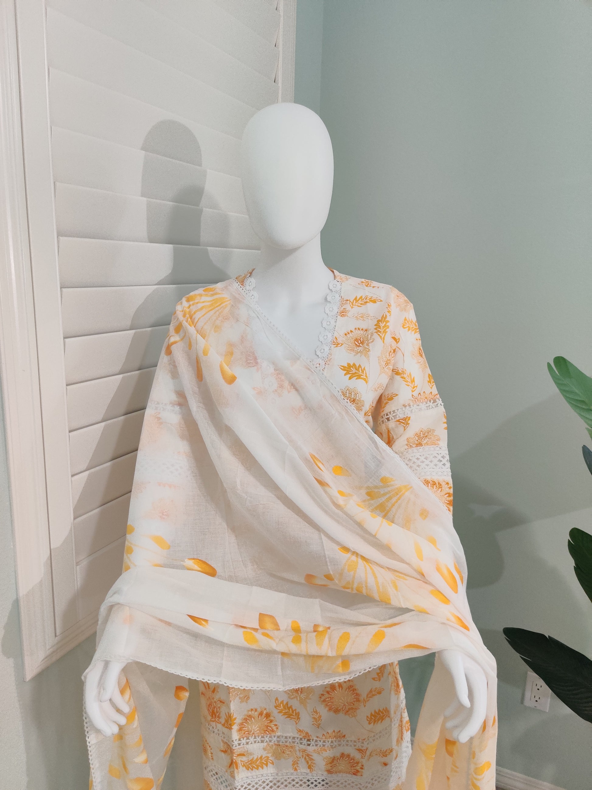 White Printed Cotton Kurta Set with Brush Print Dupatta