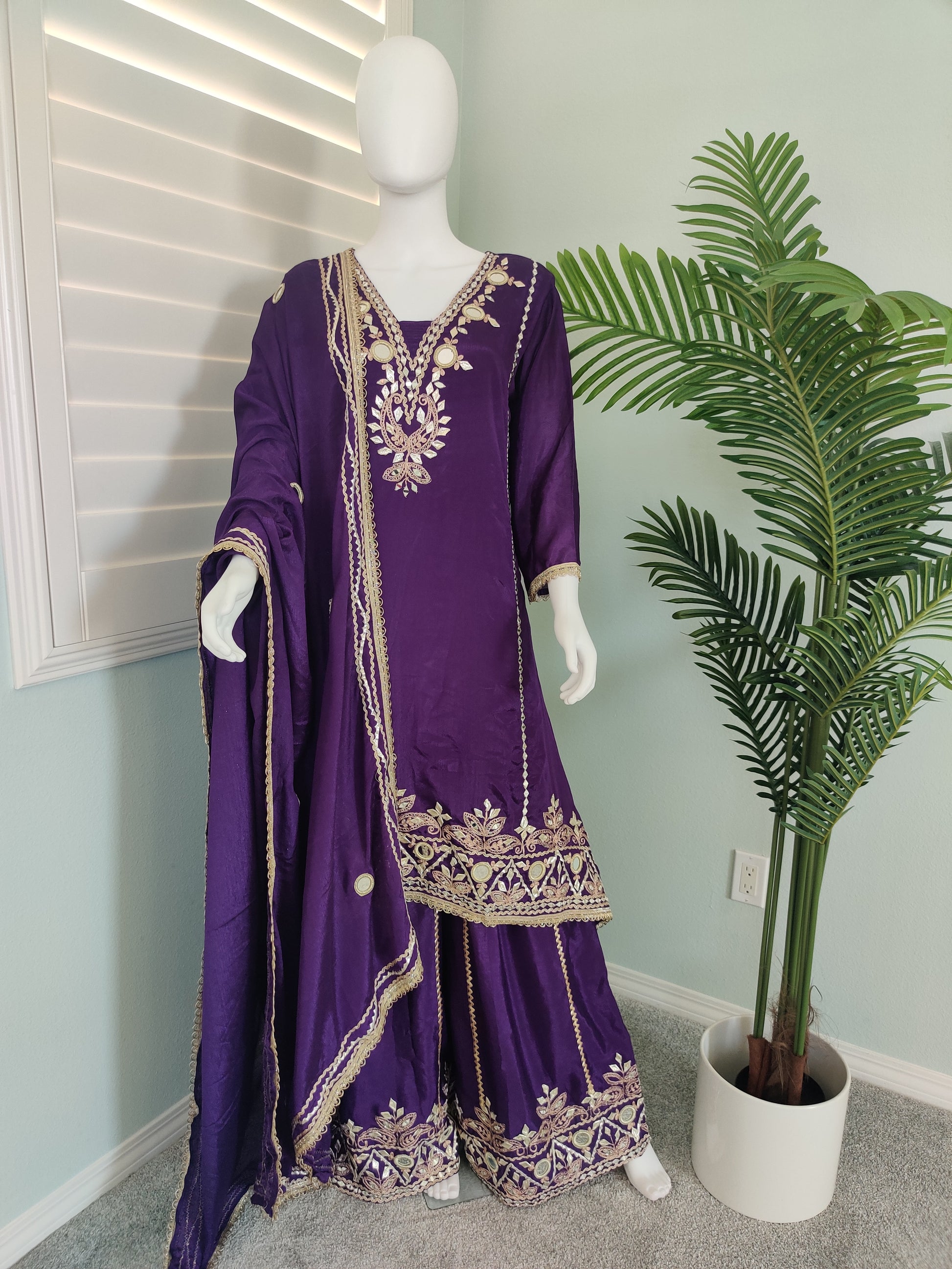 ✨ Regal Radiance — Heavy Chinon Mirror Work & Gotta Patti Plazzo Suit