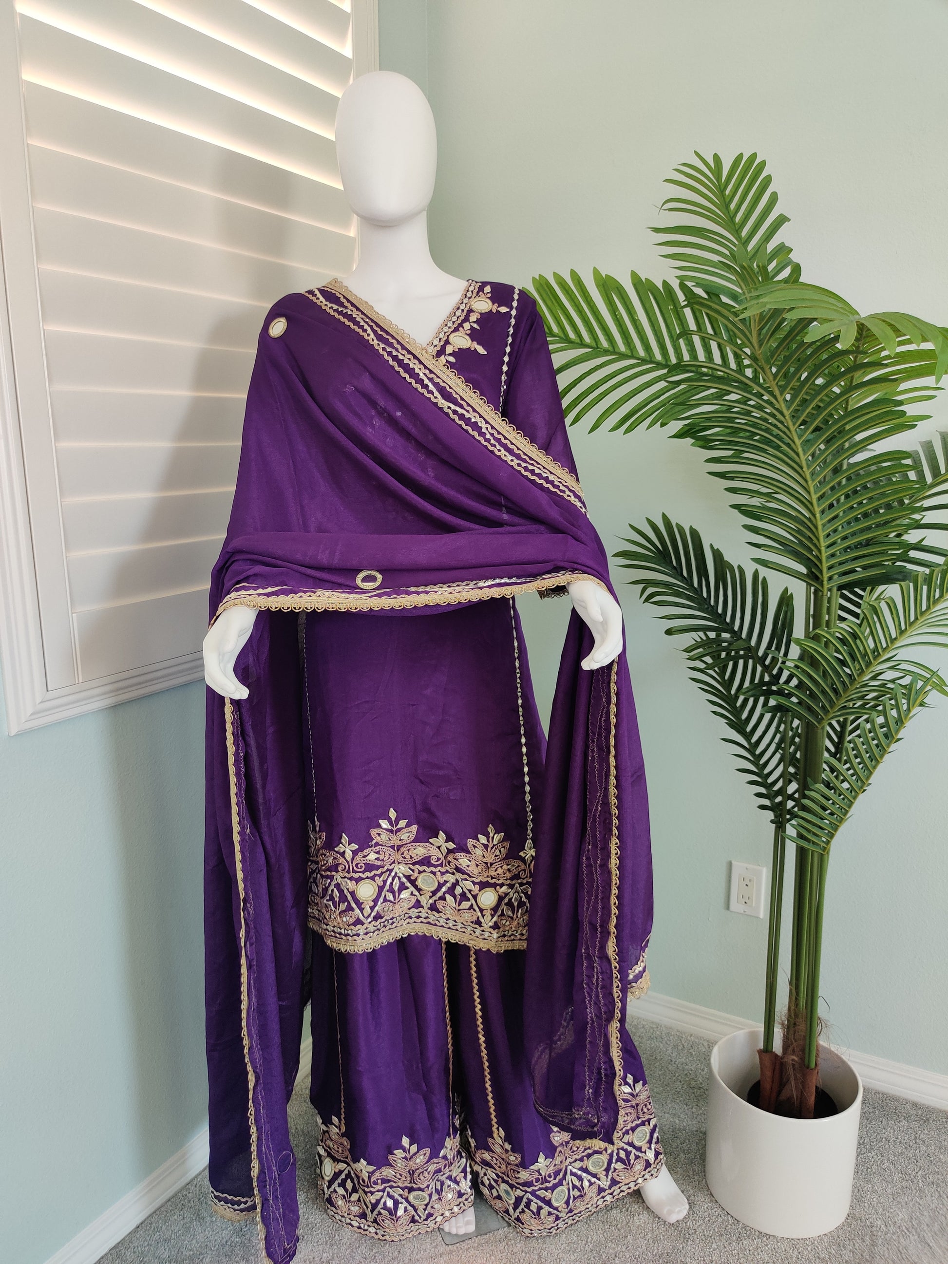 ✨ Regal Radiance — Heavy Chinon Mirror Work & Gotta Patti Plazzo Suit