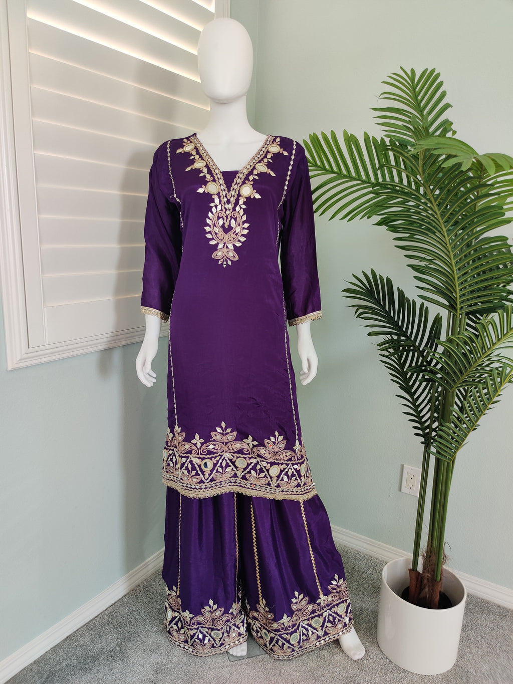 ✨ Regal Radiance — Heavy Chinon Mirror Work & Gotta Patti Plazzo Suit