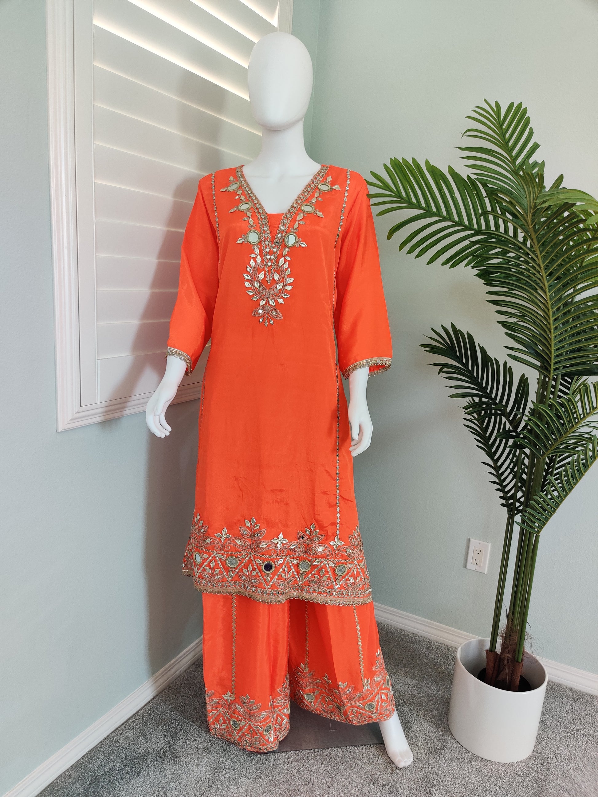 ✨ Regal Radiance — Heavy Chinon Mirror Work & Gotta Patti Plazzo Suit