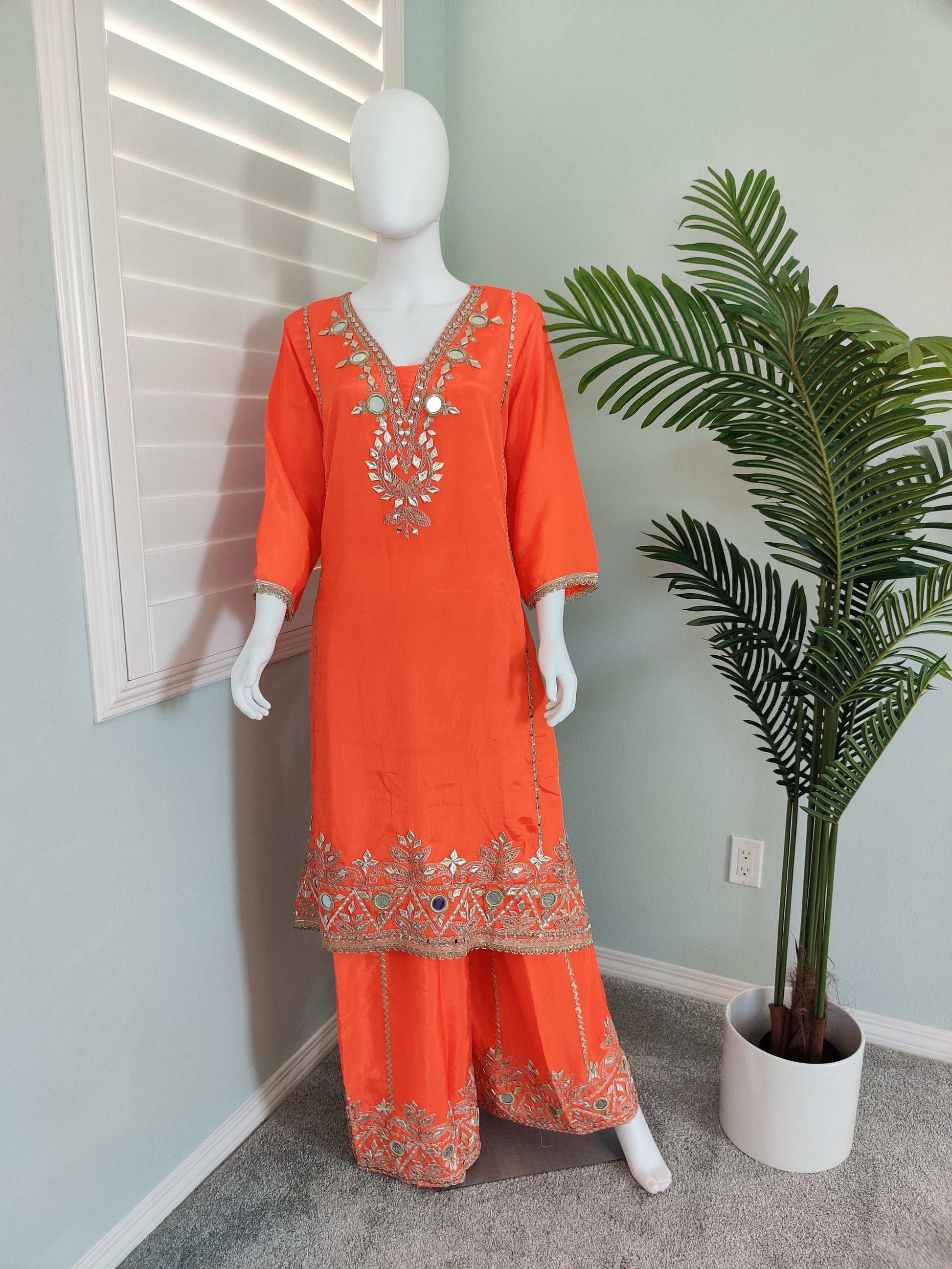 ✨ Regal Radiance — Heavy Chinon Mirror Work & Gotta Patti Plazzo Suit