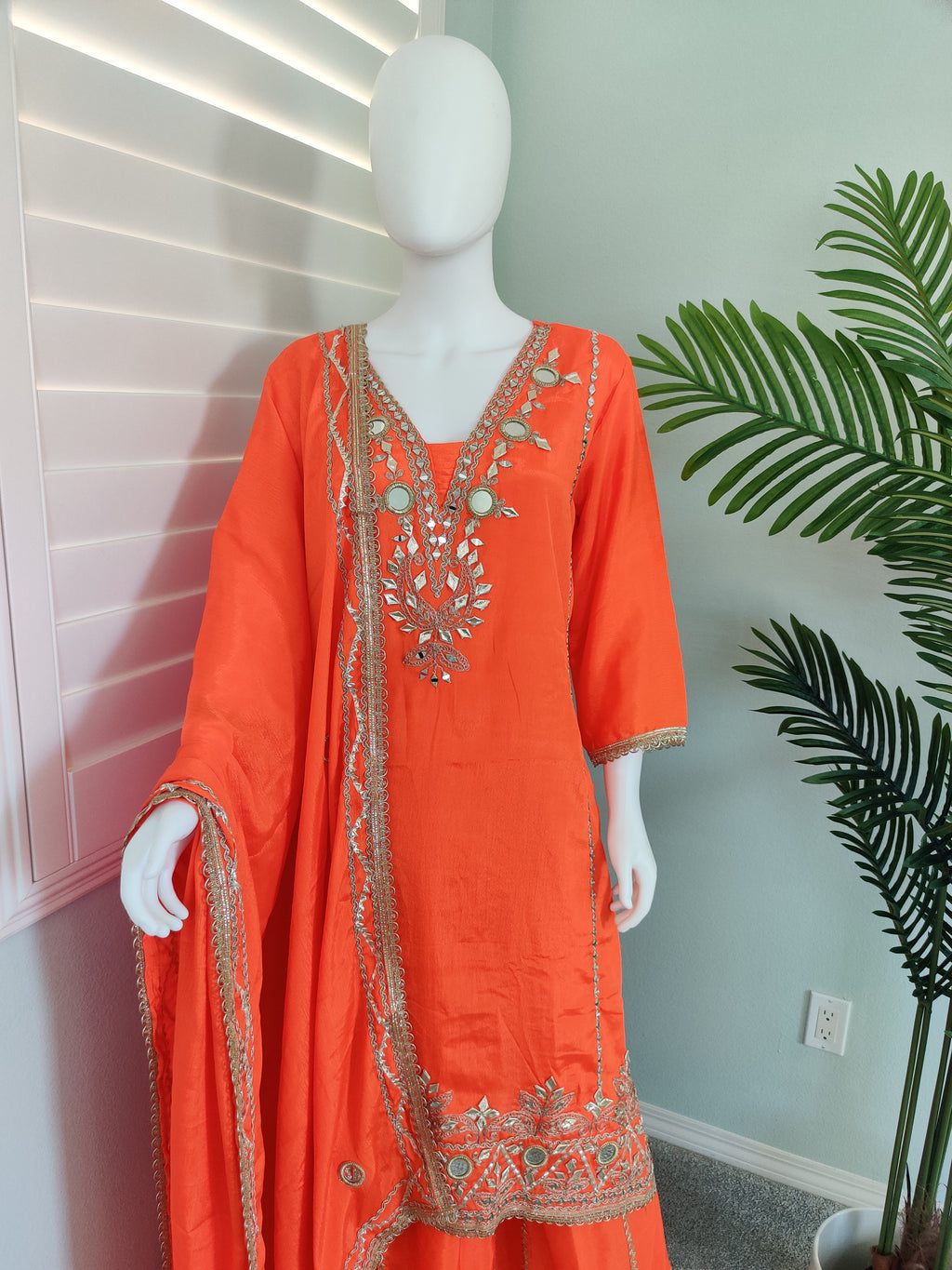 ✨ Regal Radiance — Heavy Chinon Mirror Work & Gotta Patti Plazzo Suit