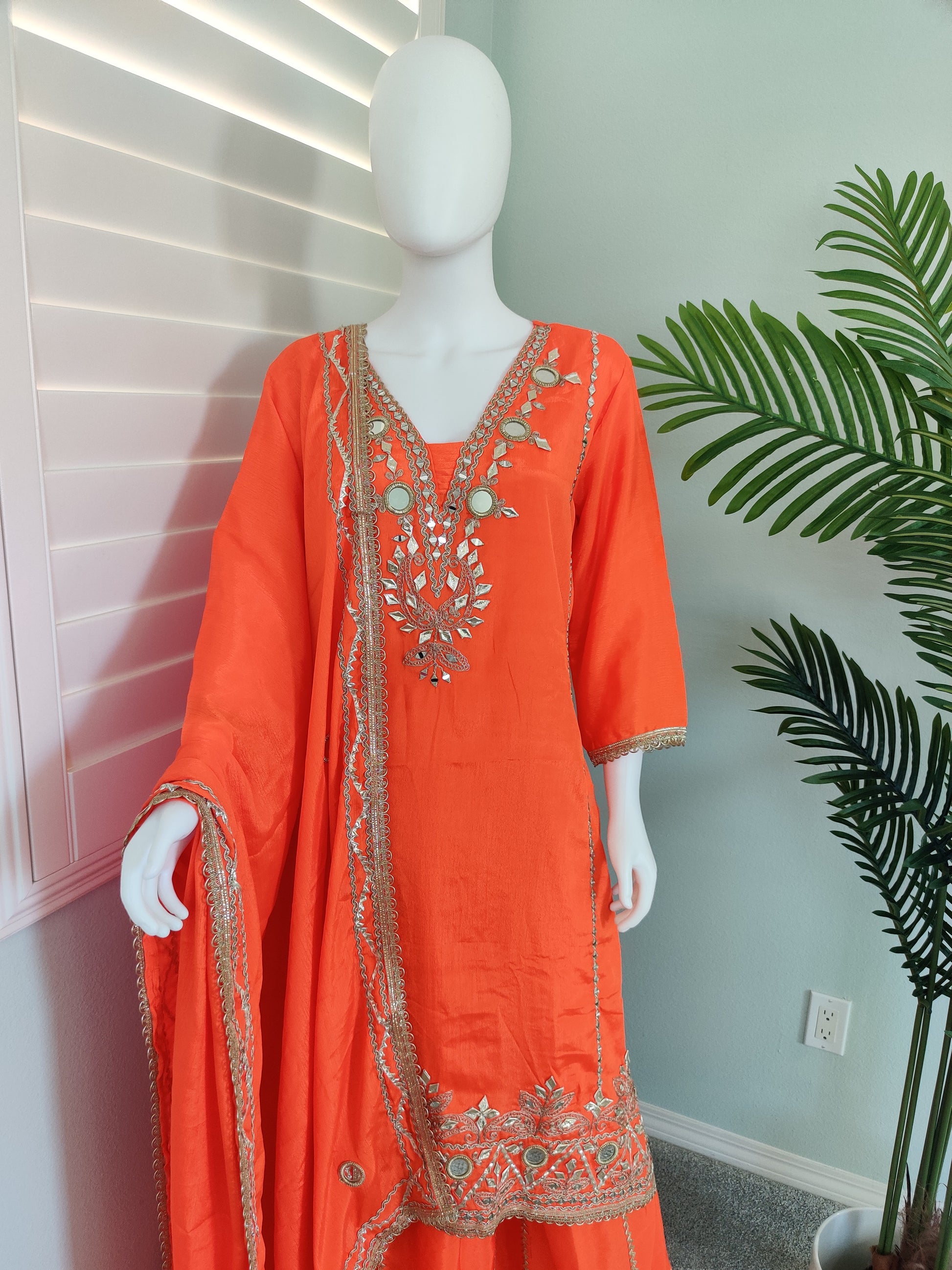 ✨ Regal Radiance — Heavy Chinon Mirror Work & Gotta Patti Plazzo Suit