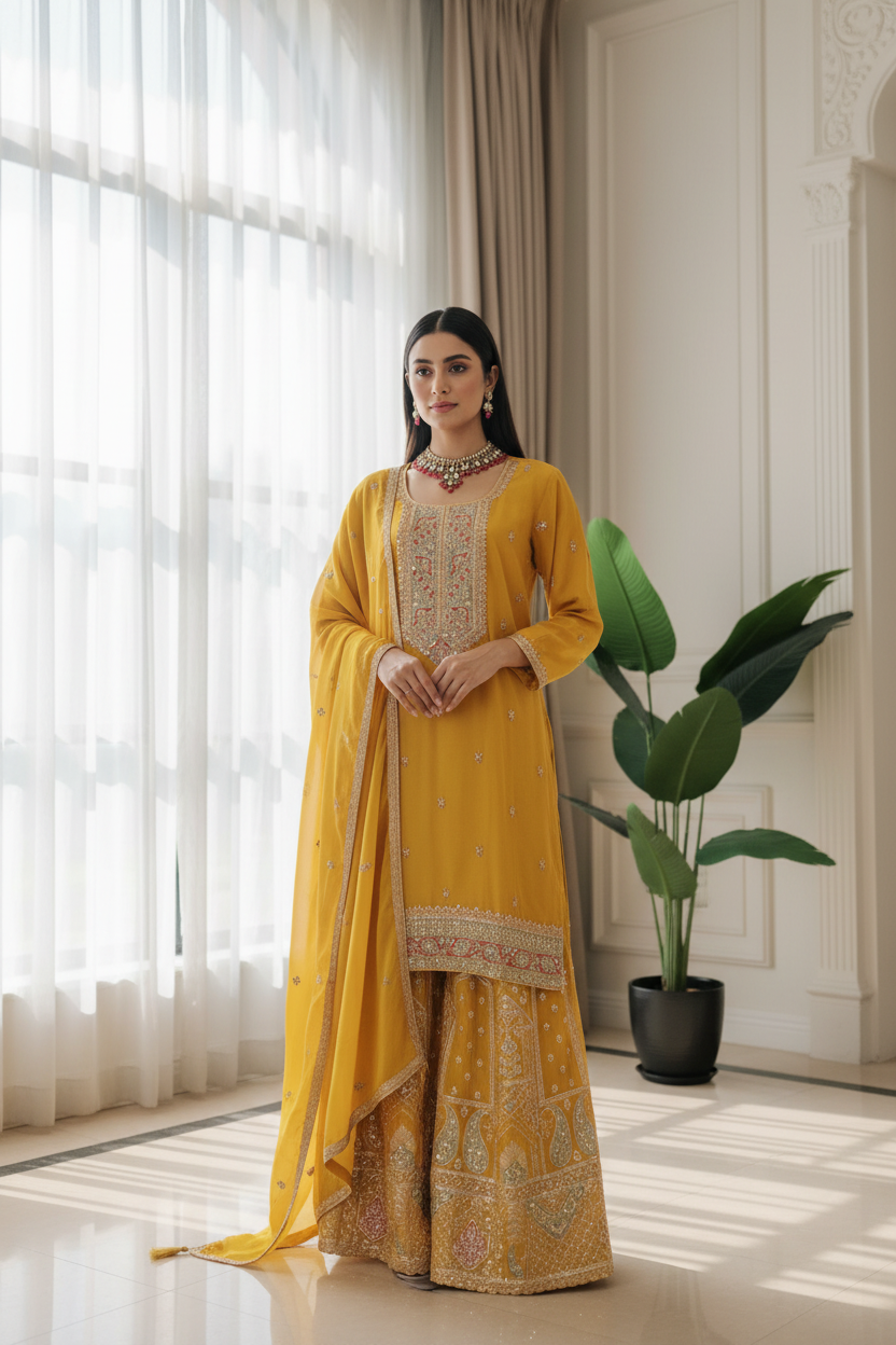 ✨ Chinon Festive Plazzo Kurta Set — Available in Four Stunning Colors