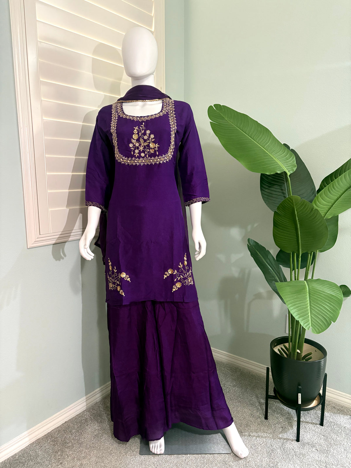 Elegant Purple Chinon Palazzo Kurta Set